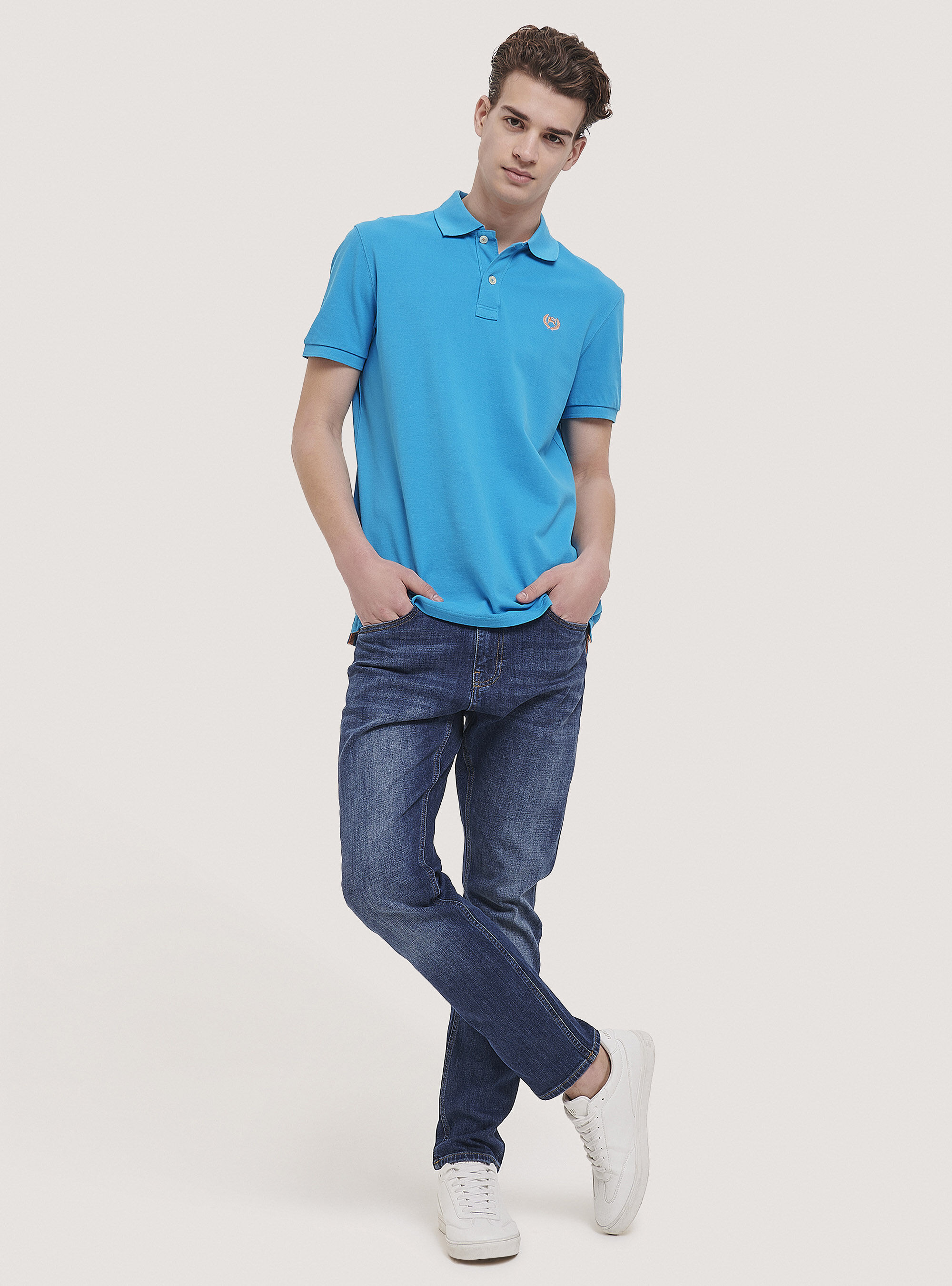 Cotton pique polo shirt with embroidery, C2330 AZZURRE