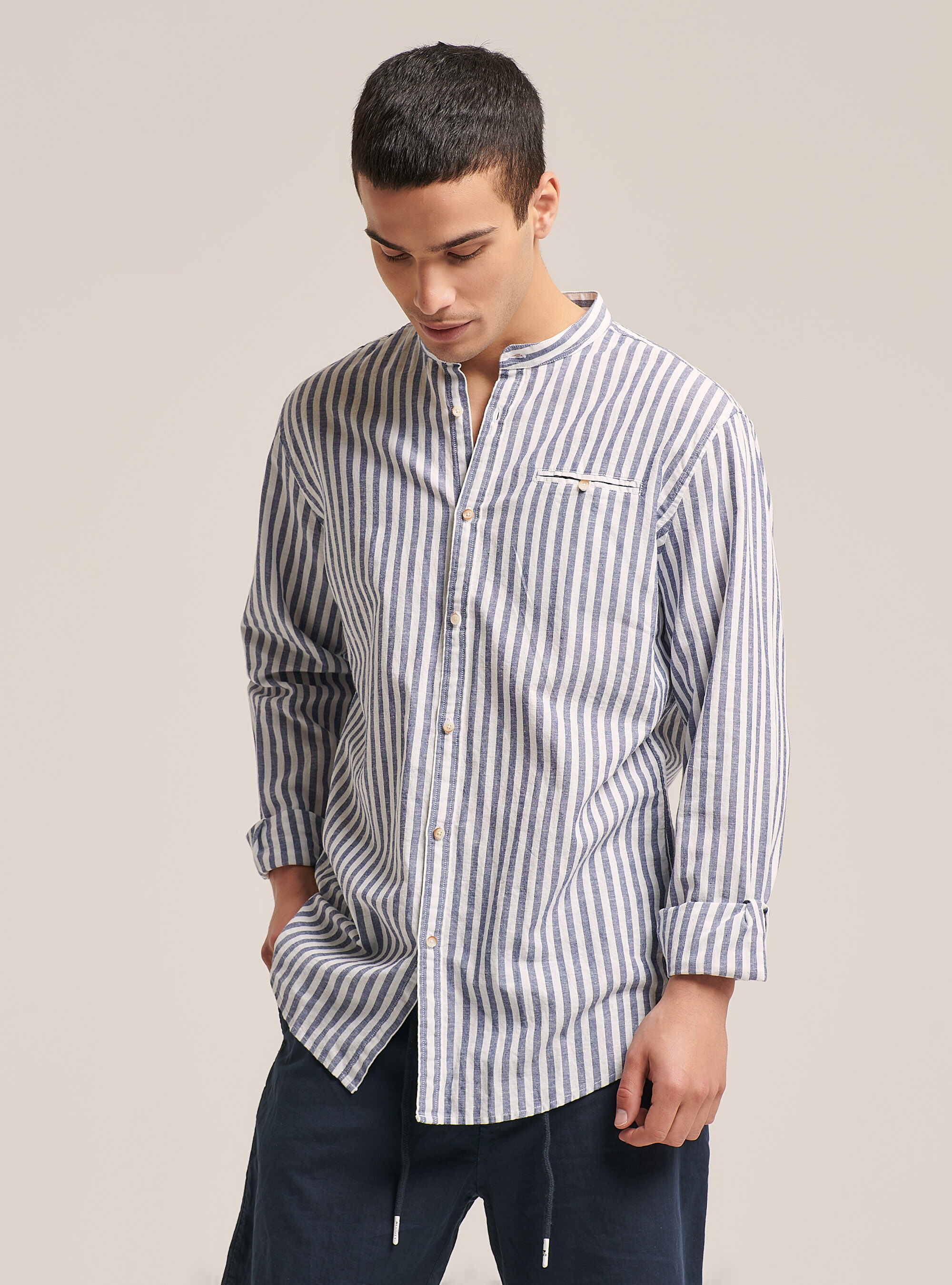 Linen blend striped shirt with Korean collar