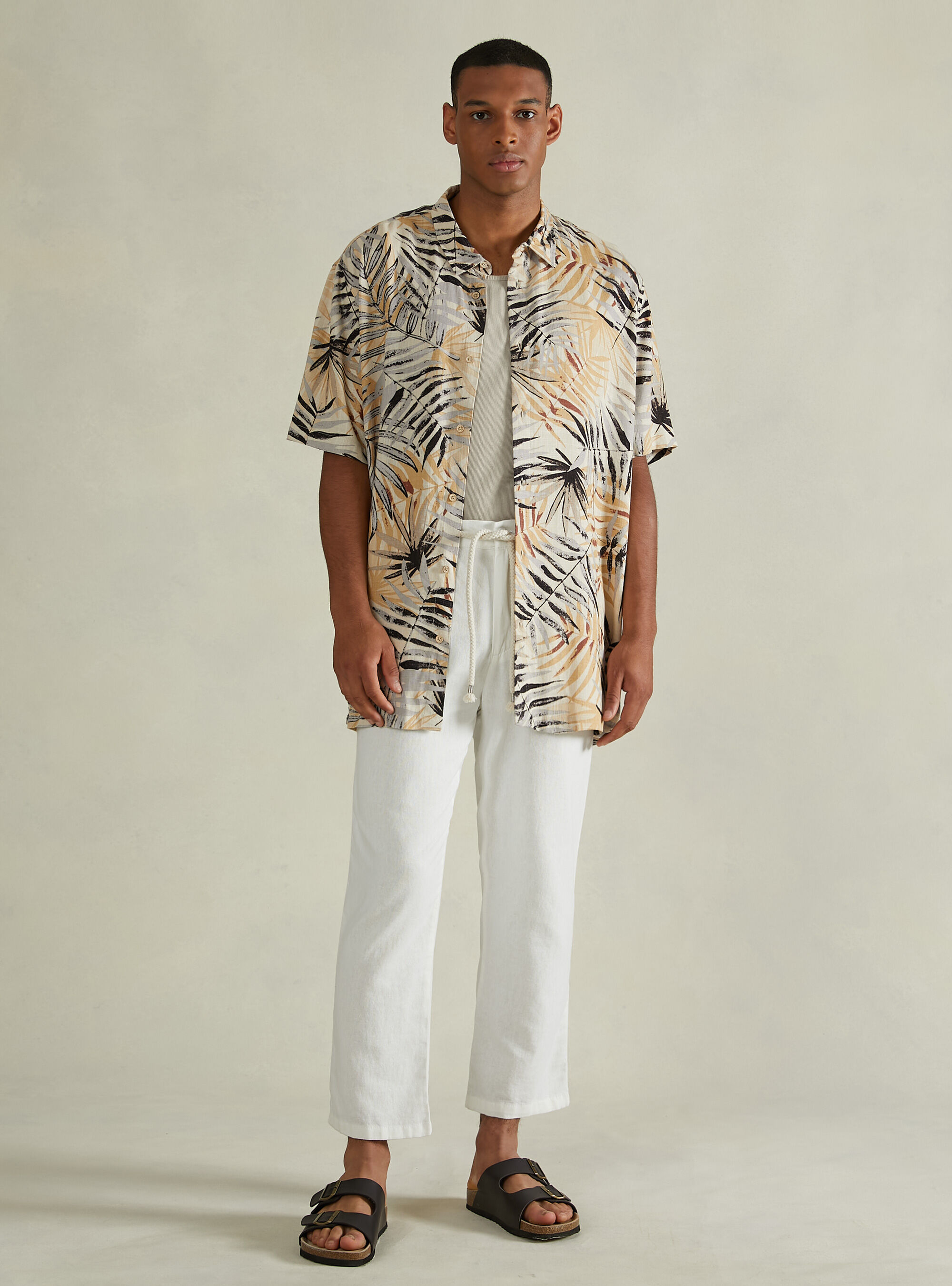 Linen blend shirt with tropical print, BG2 BEIGE MEDIUM