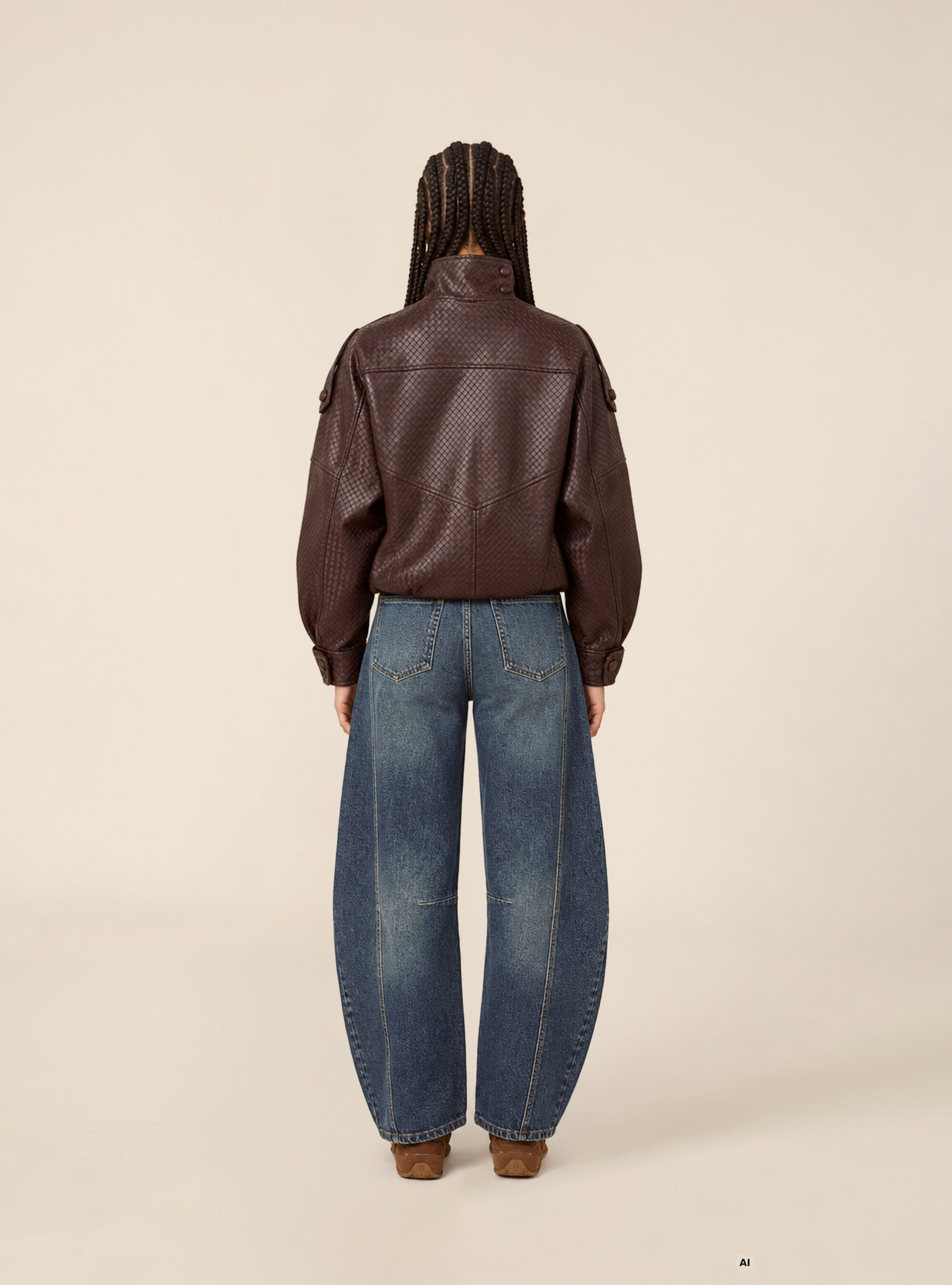 Blouson bomber effet cuir tress&eacute;, BR1 BROWN DARK
