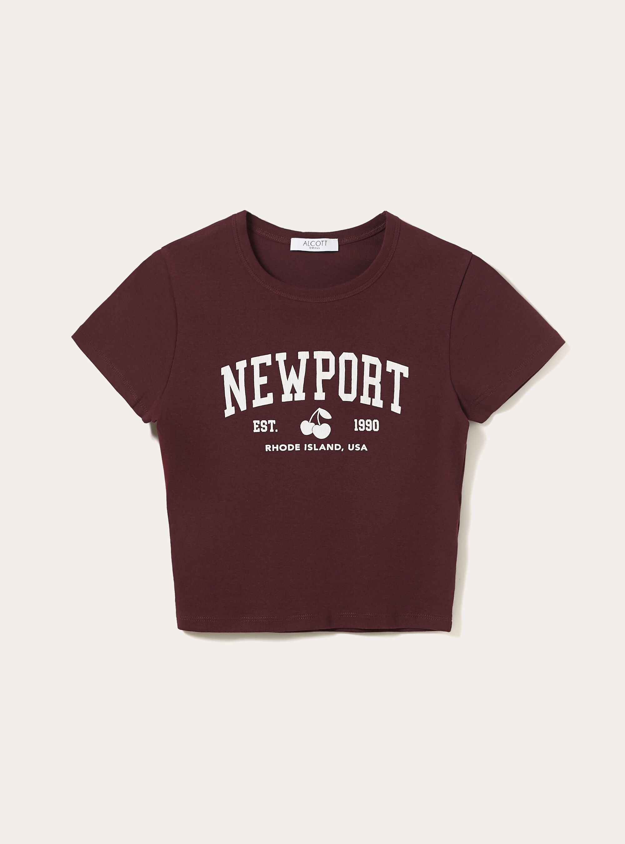 Kurz&auml;rmeliges Crop-T-Shirt mit College-Grafik-Print, BO1 BORDEAUX DARK