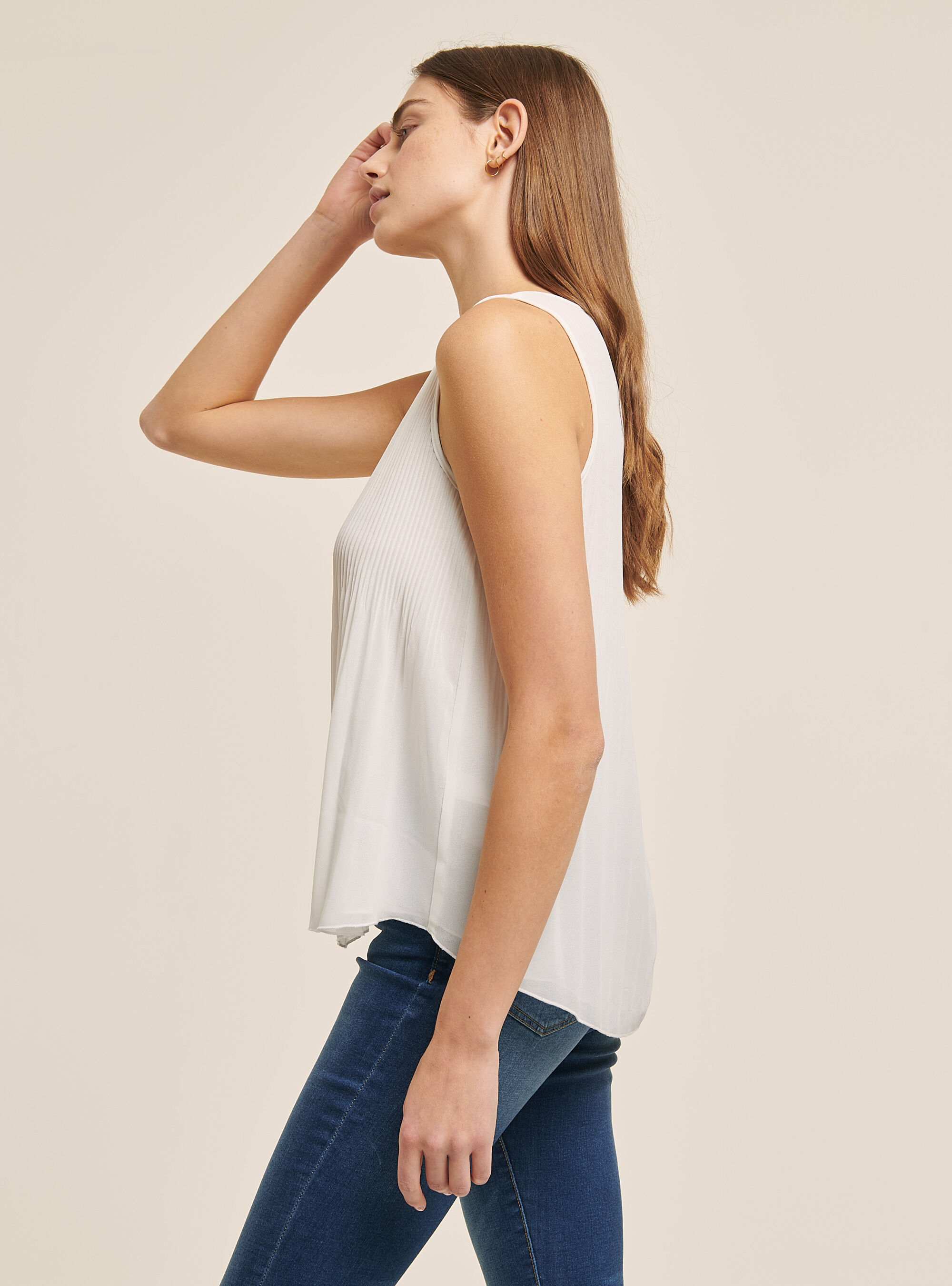Blusa plissettata in tinta unita, C099 WHITE