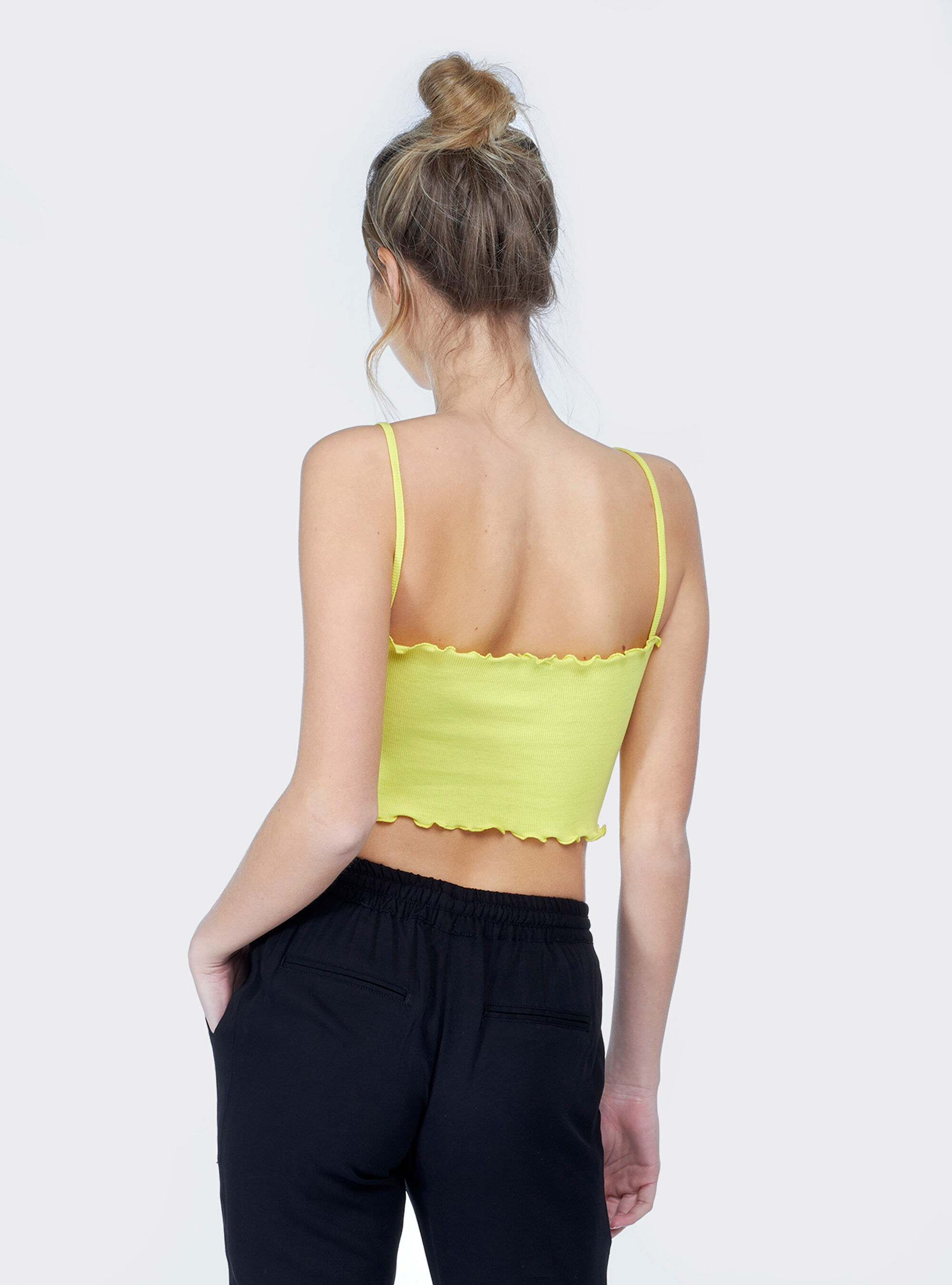 Cropped top a costina in cotone elasticizzato e rouche, C785 YELLOW
