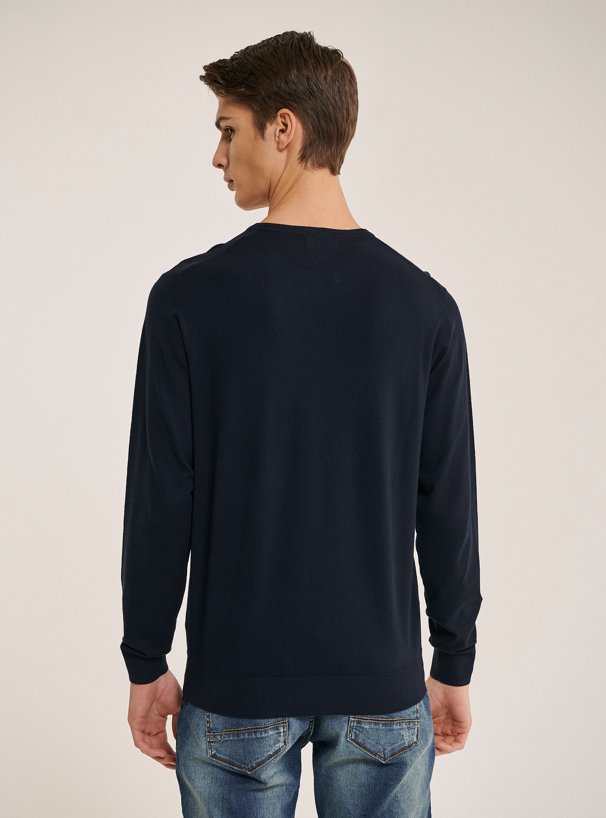 Jersey de cuello redondo de color s&oacute;lido, AZUL MARINO