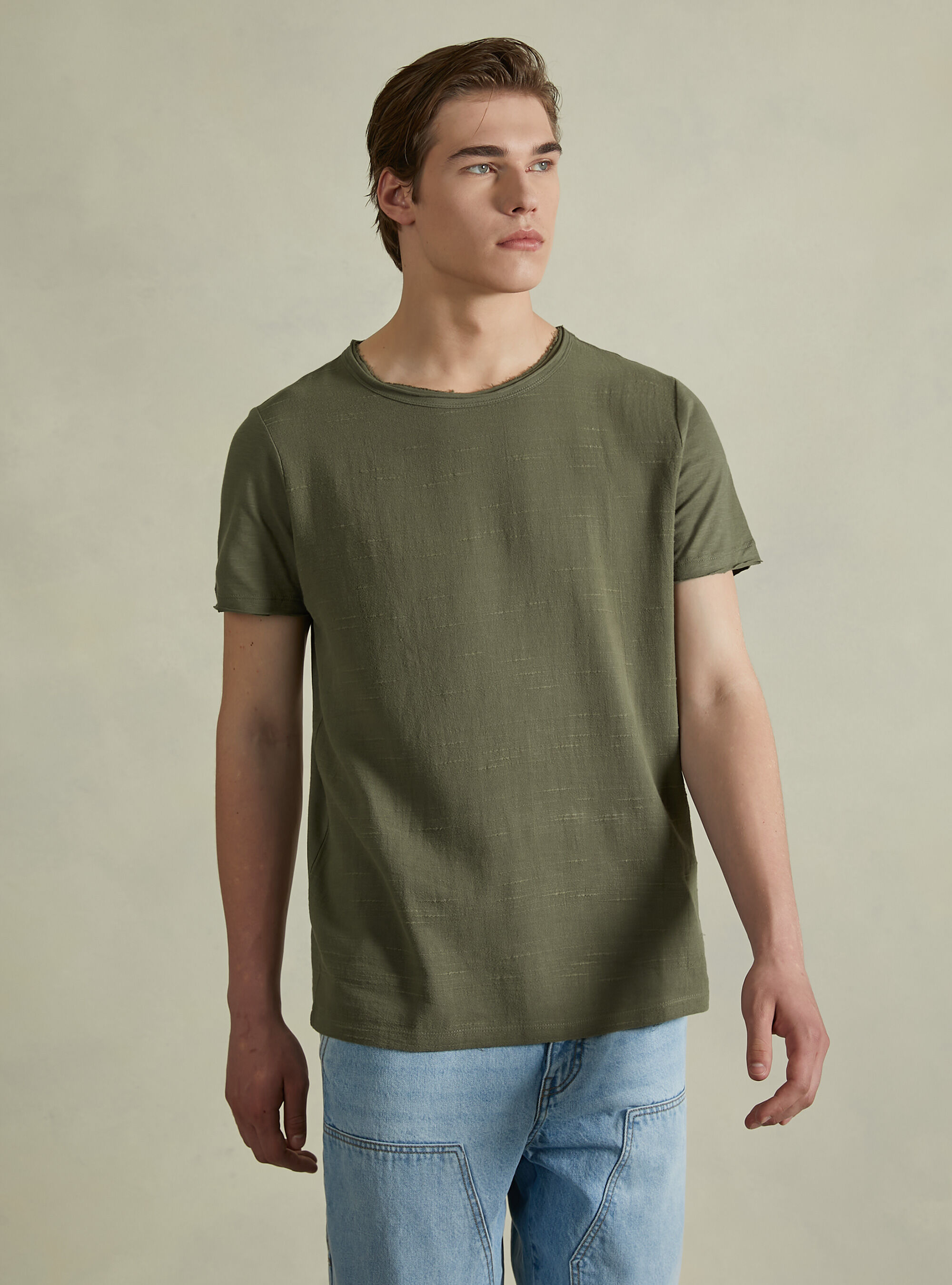Linen-blend T-shirt in slub fabric, KY2 KAKY MEDIUM