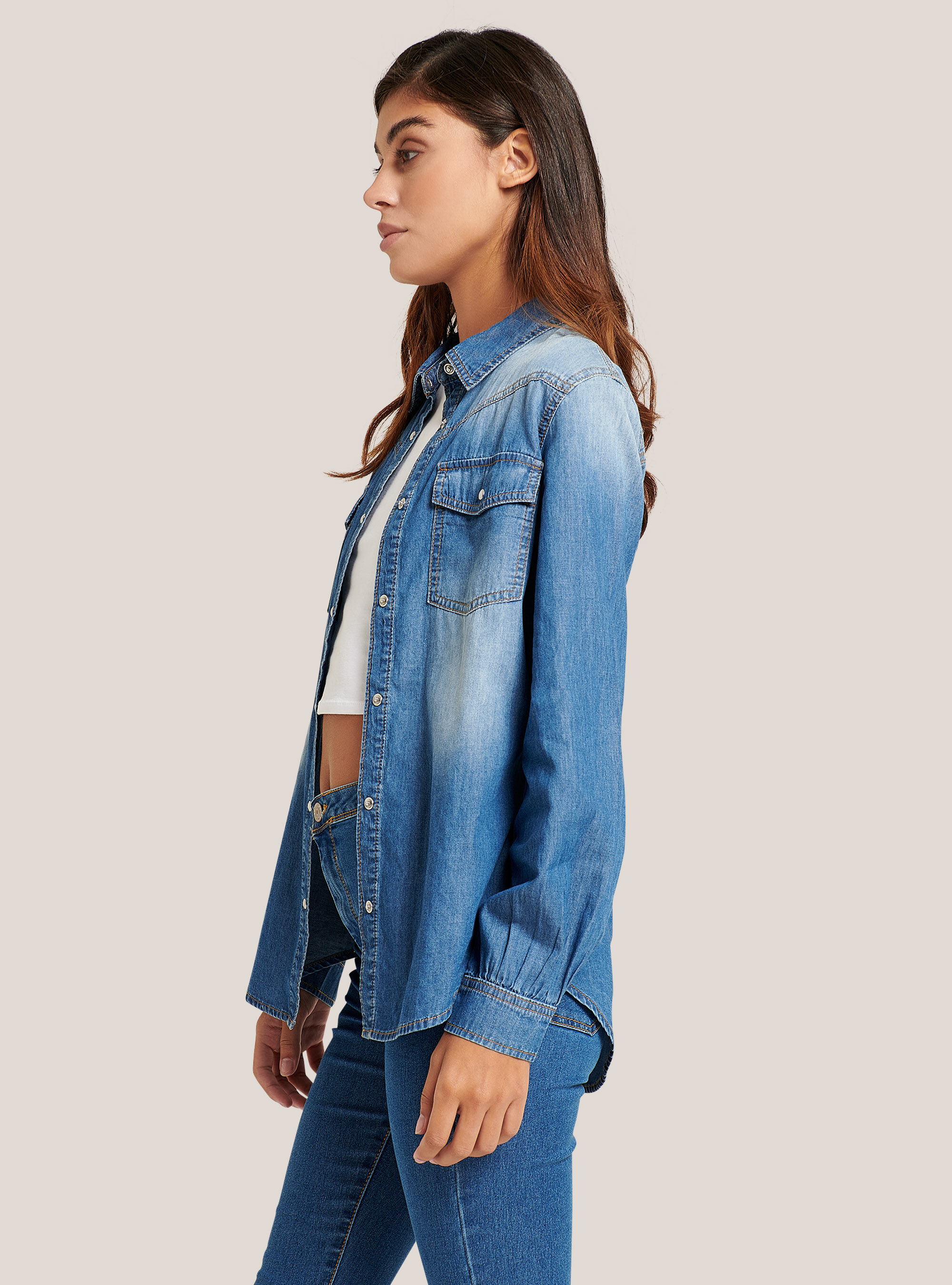 Camicia denim in cotone, BLU