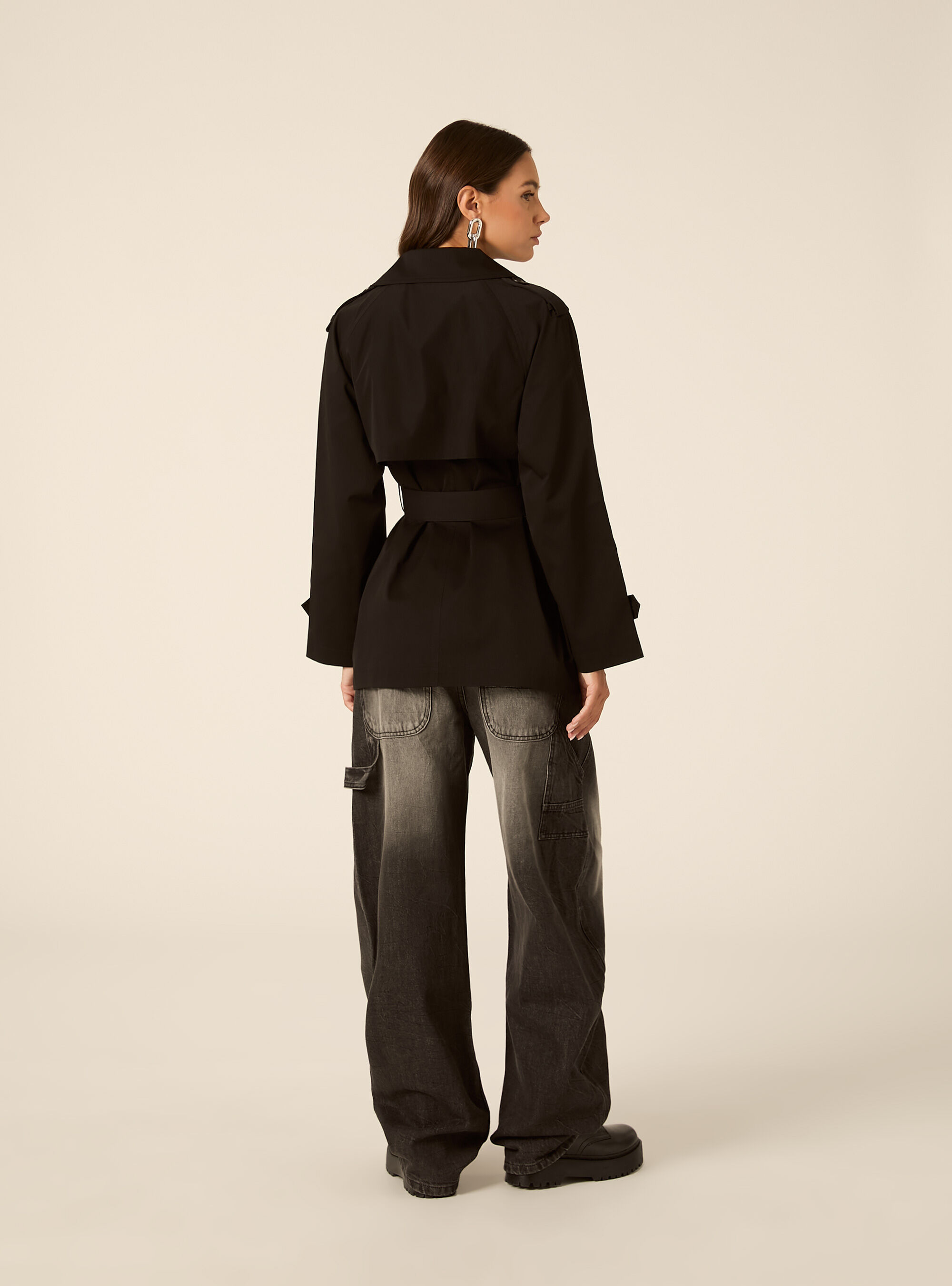 Short Double-Breasted Belted Trench Coat, BK1 BLACK