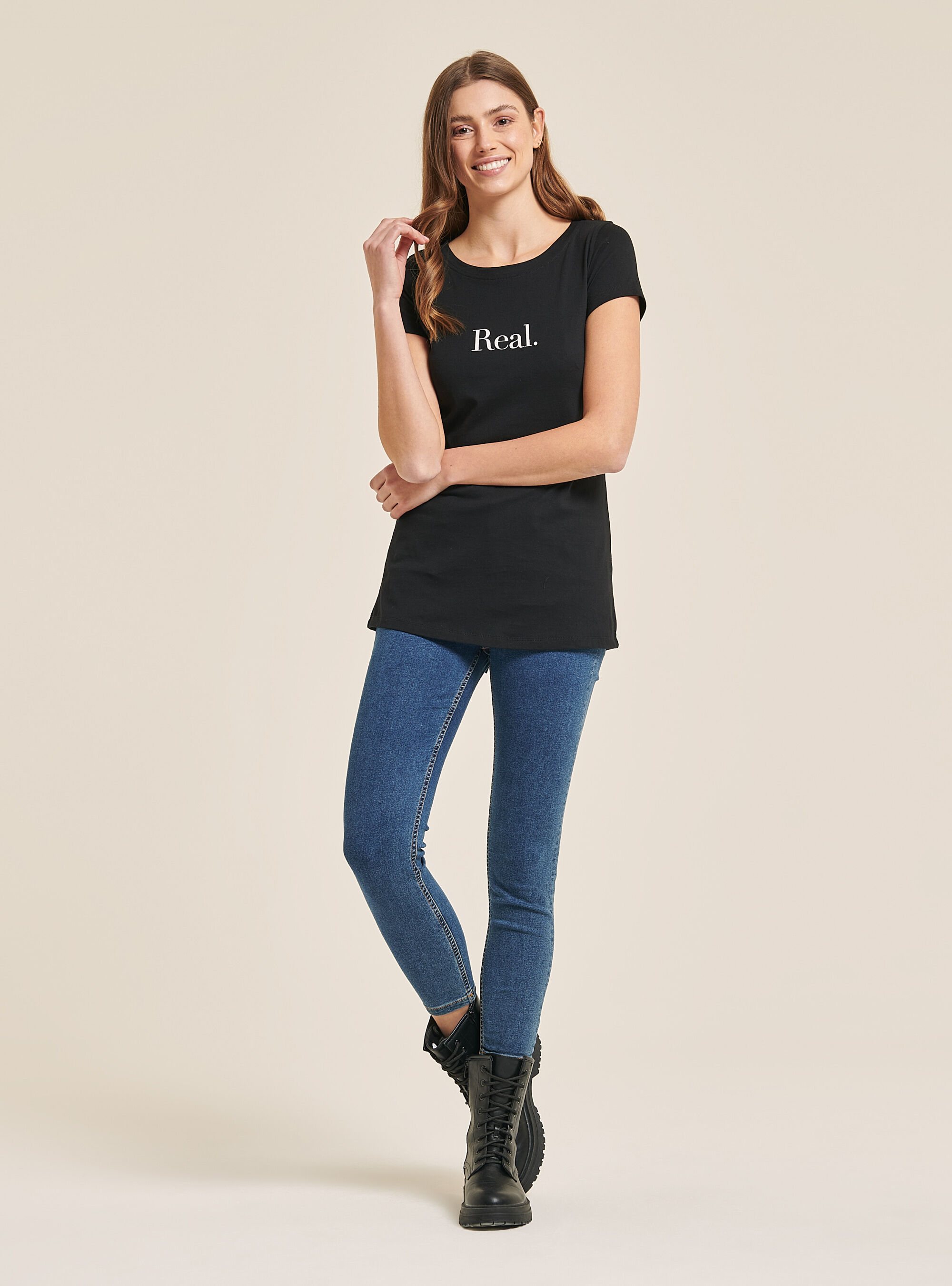 Cotton T-shirt with printed slogan, BLACK