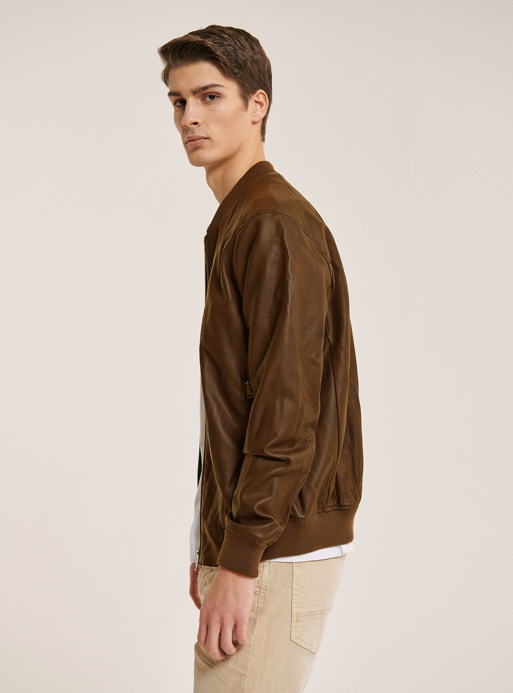 brown faux leather bomber