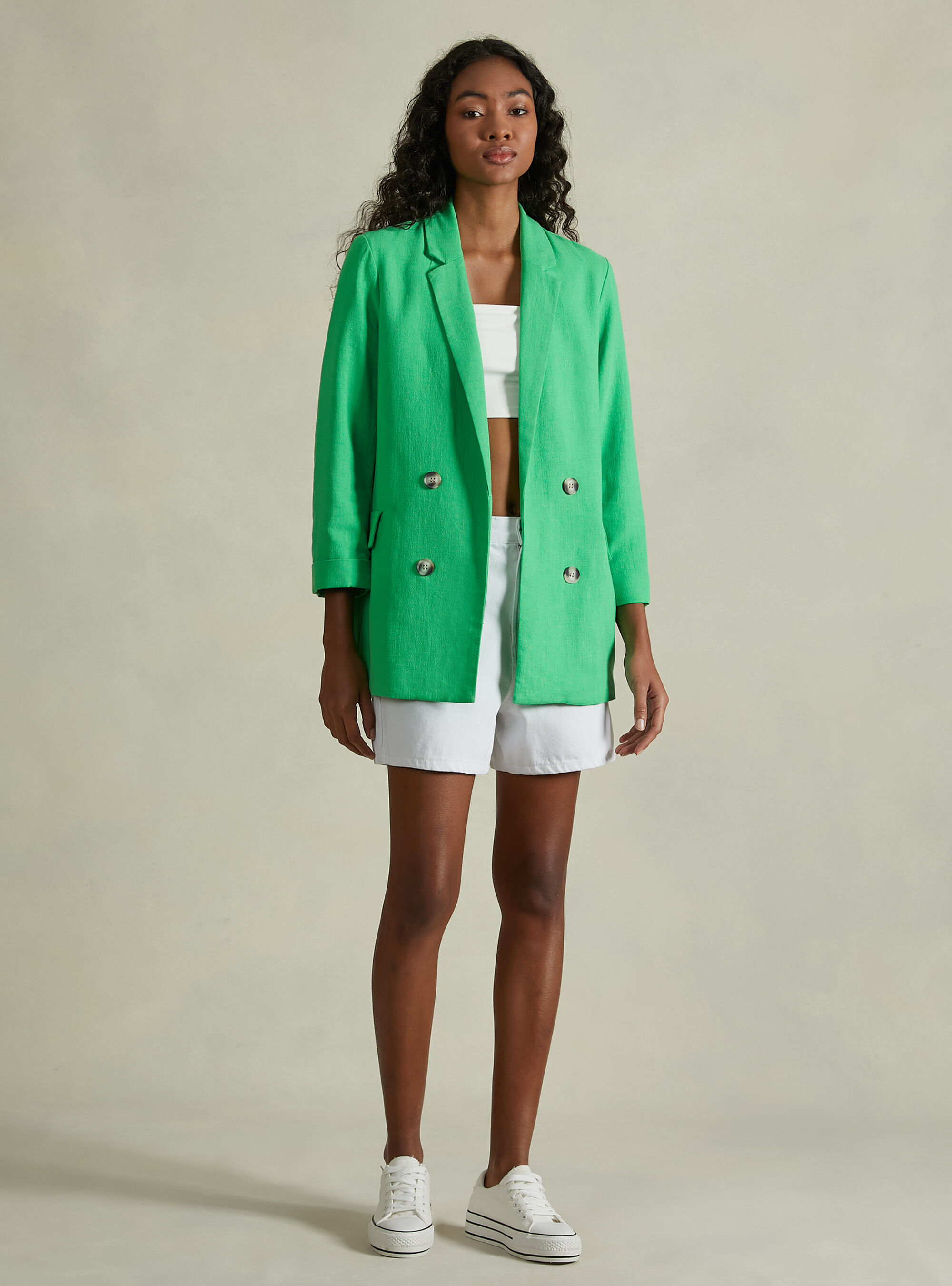 Blazer doppiopetto in misto lino, GN3 GREEN LIGHT
