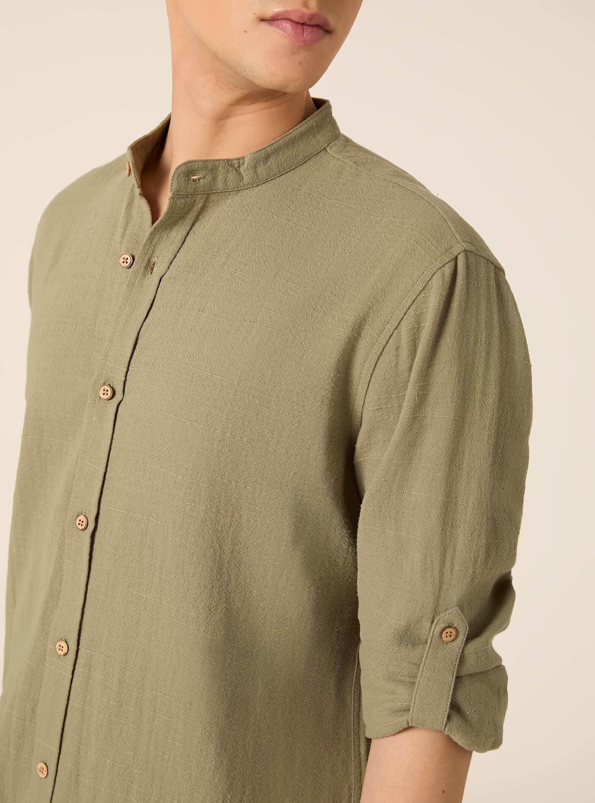 Camicia con collo alla coreana in misto lino, KY2 KAKY MEDIUM
