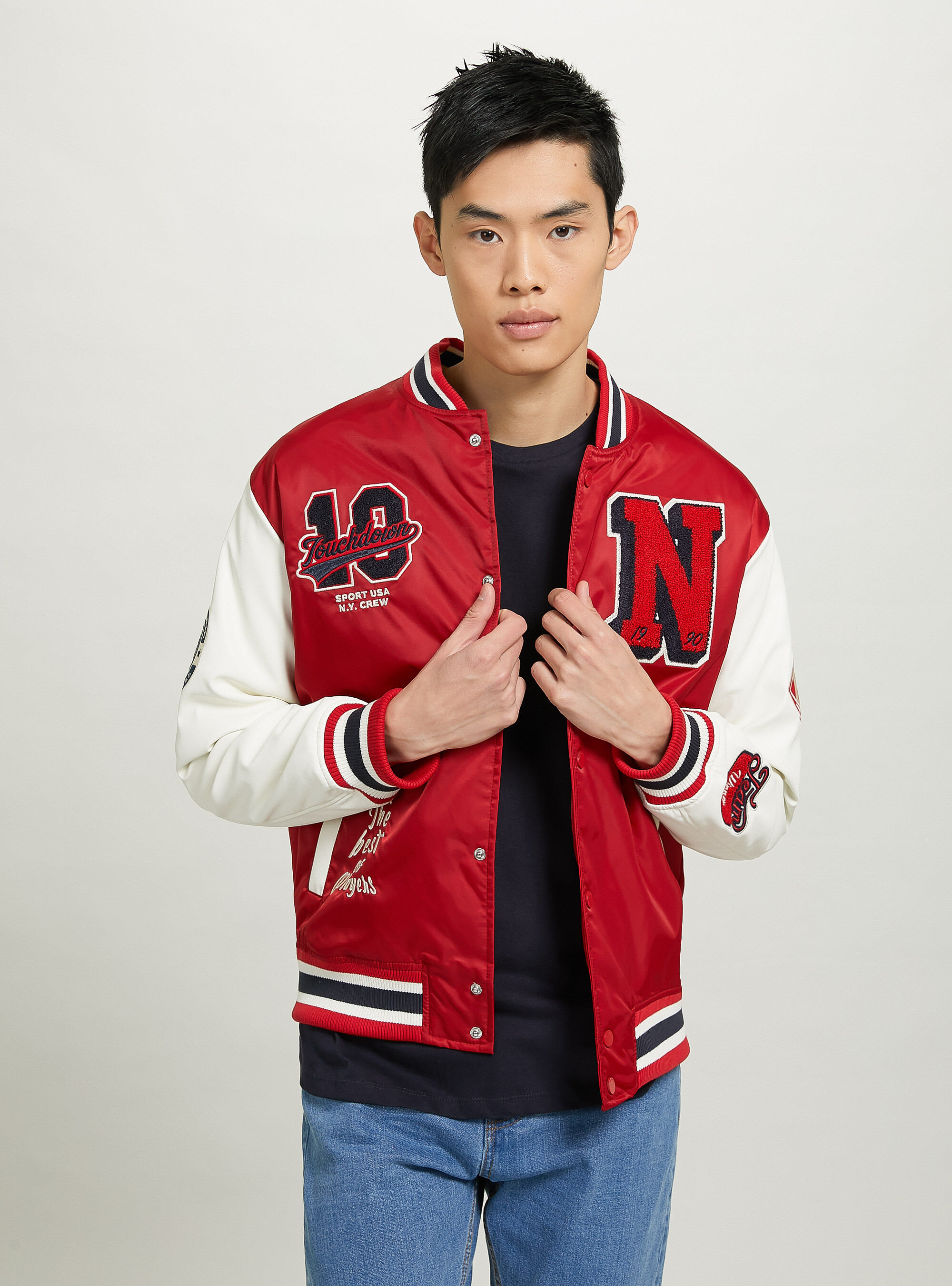 Red and white varsity jacket mens outlet
