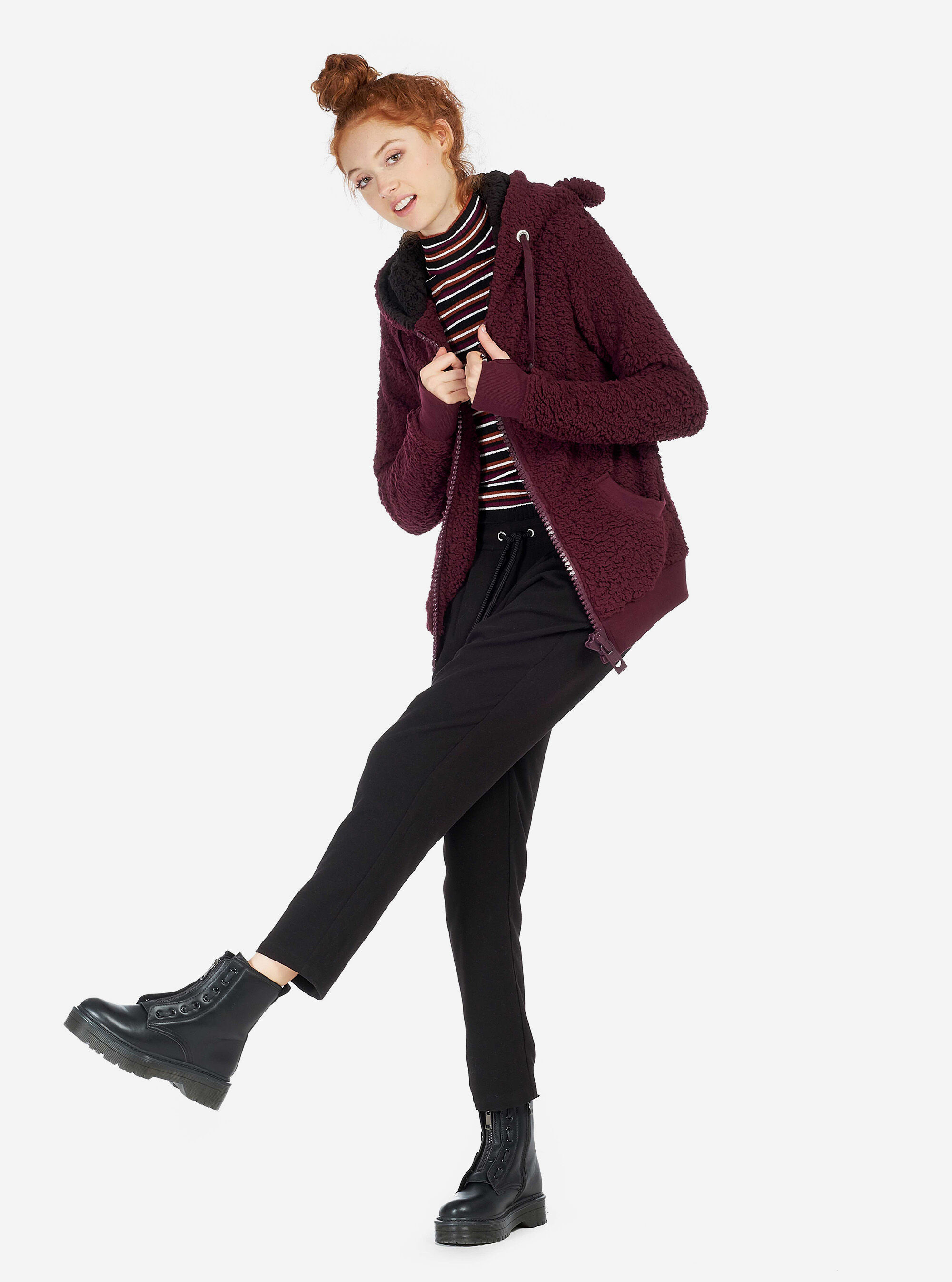 Sudadera con capucha y orejas de pelo sint&eacute;tico, BURDEOS