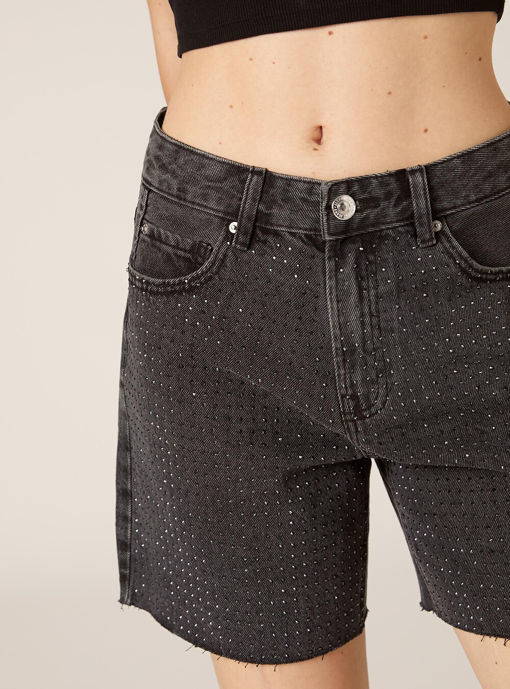 Longline denim shorts with rhinestones - Main Image