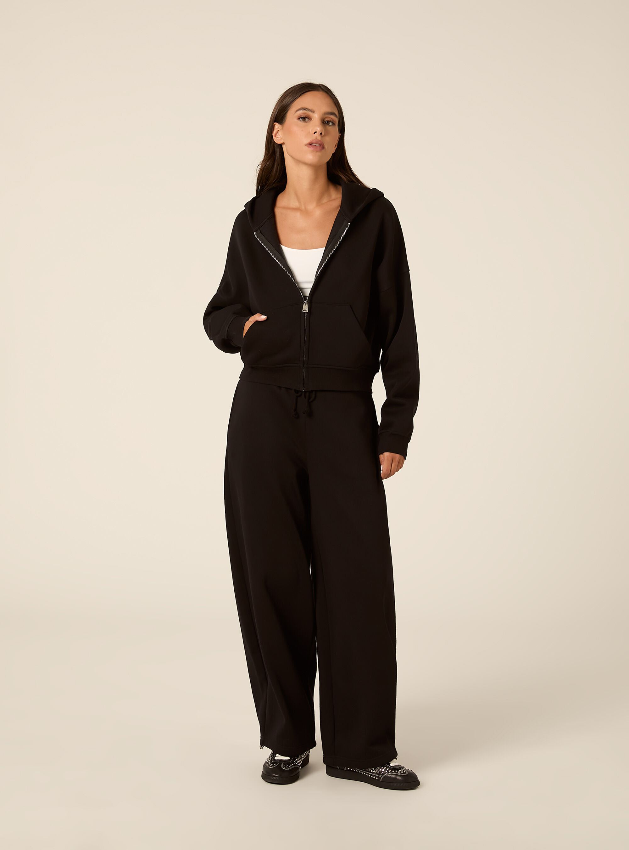 Cropped zip through hoodie with pockets, BK1 BLACK