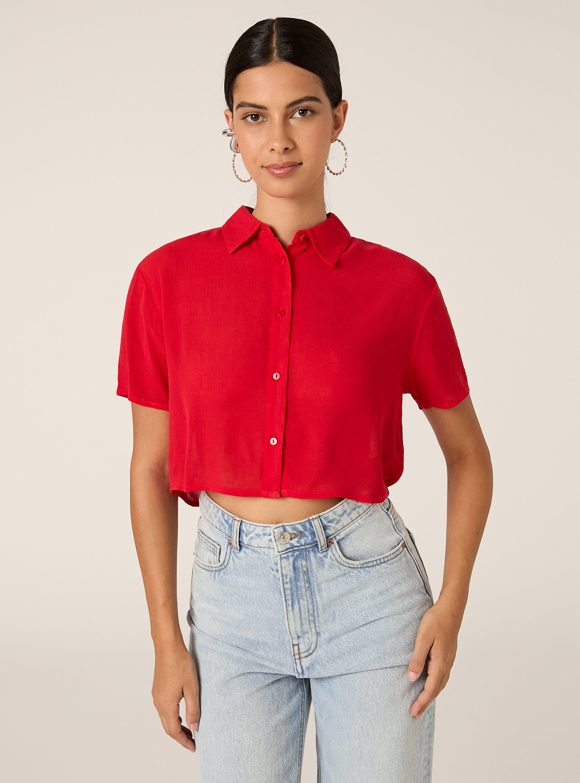 Cropped crepe shirt, RD2 RED MEDIUM