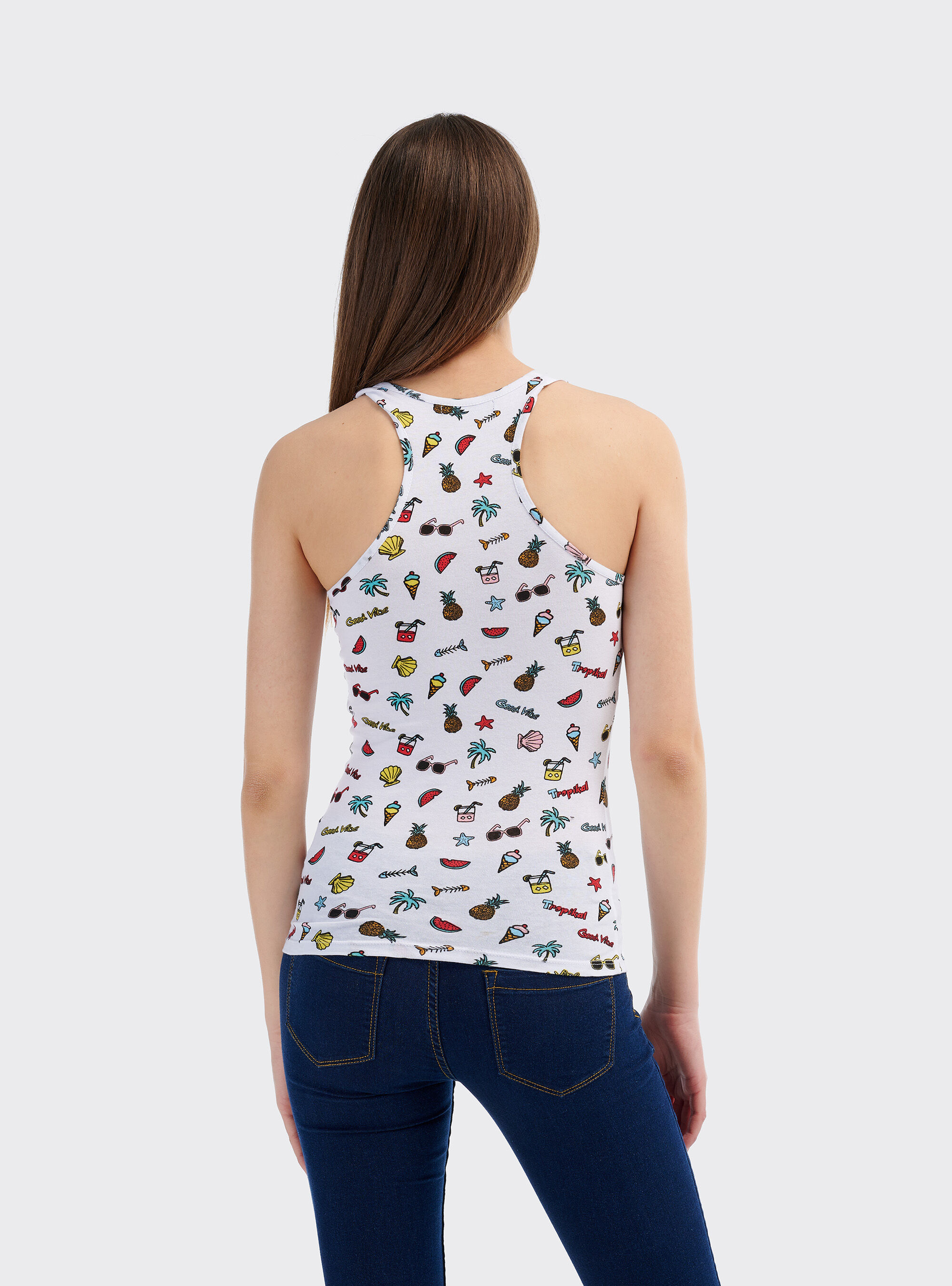 Top stretch fit con stampa allover e scollo americano sul retro, POP