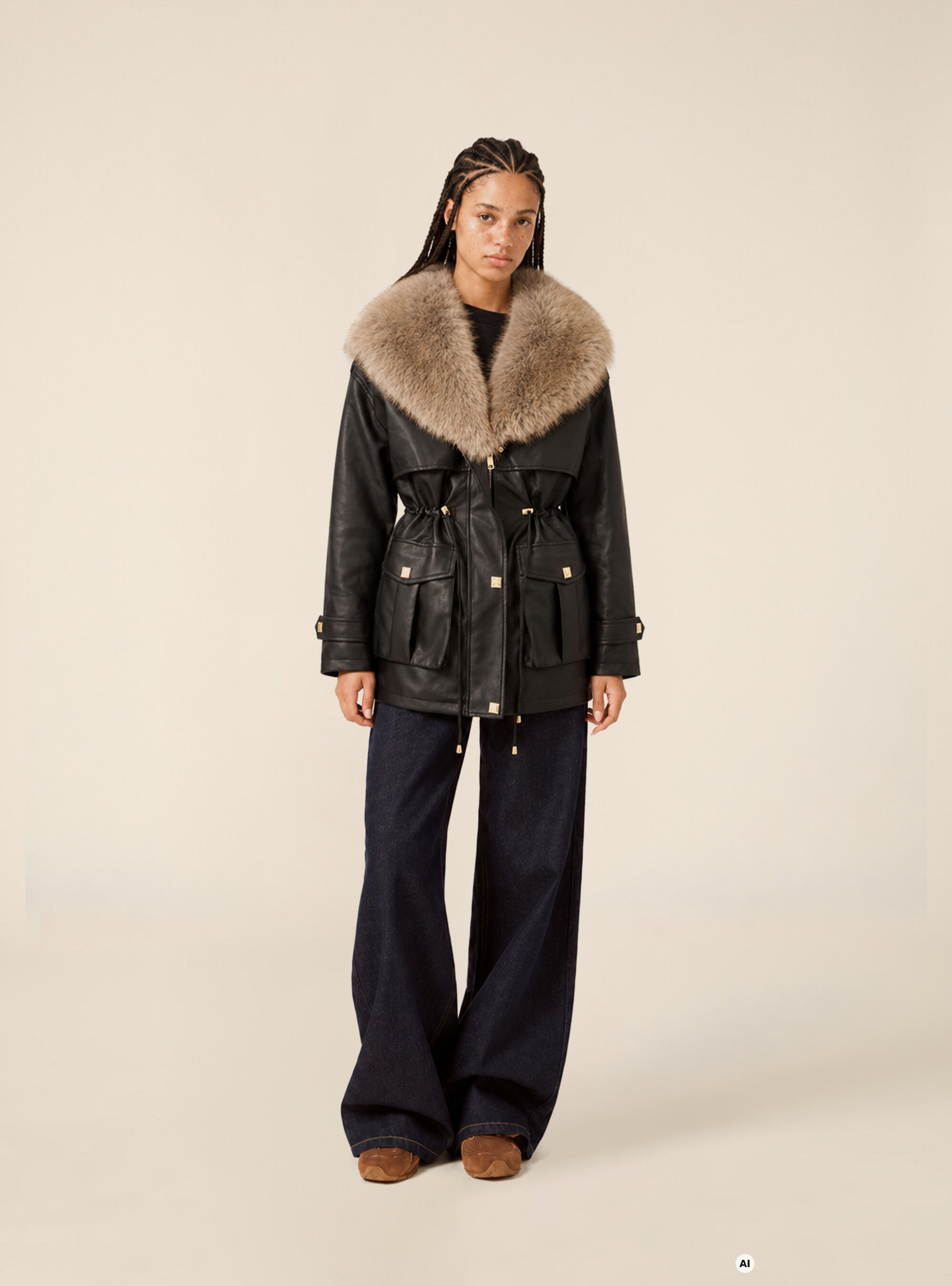 Faux leather jacket with faux fur collar