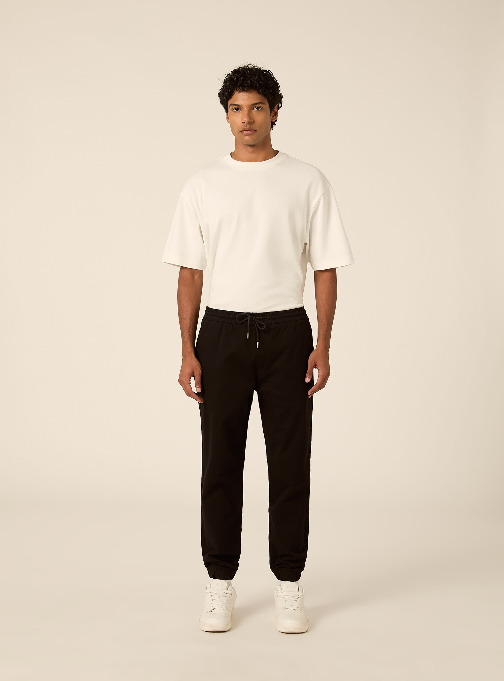 Pantaloni twill stretch elastico e stringa in vita, BK1 BLACK