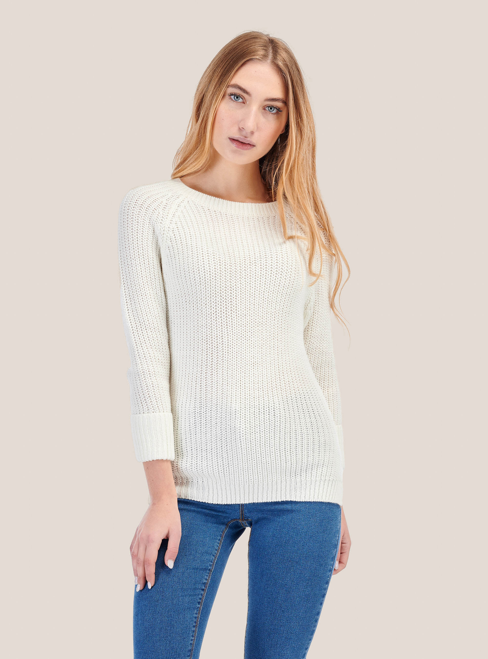 Round neck pullover with zip on the back, C0009 OFF WHITE