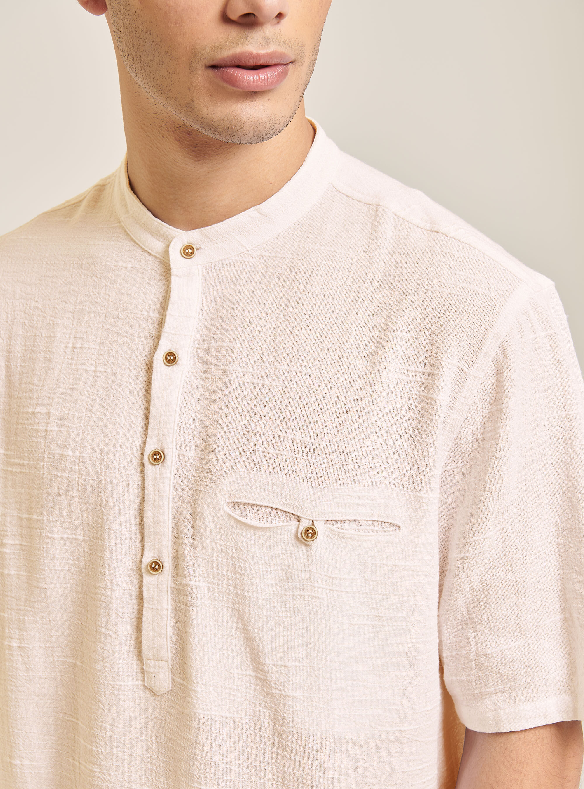 Linen blend shirt with Korean collar, BG3 BEIGE LIGHT
