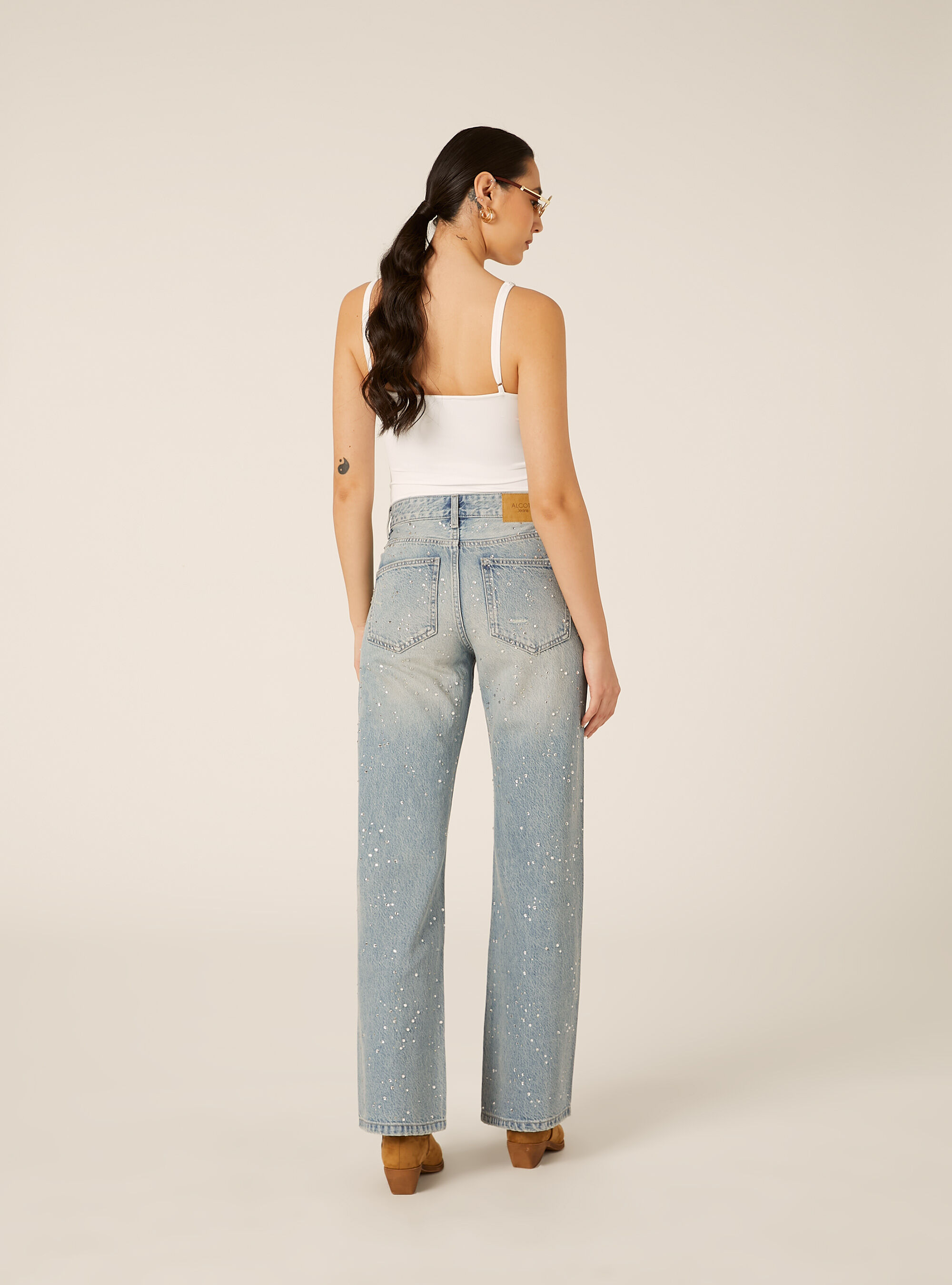 Jeans straight in denim con strass, D006 AZURE