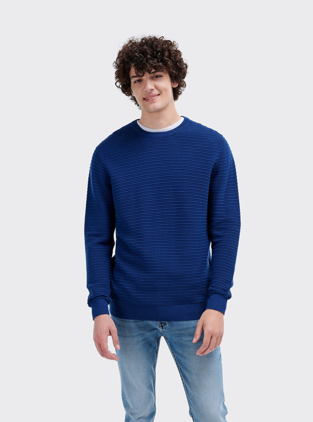 Basic crew neck structured knit sweater