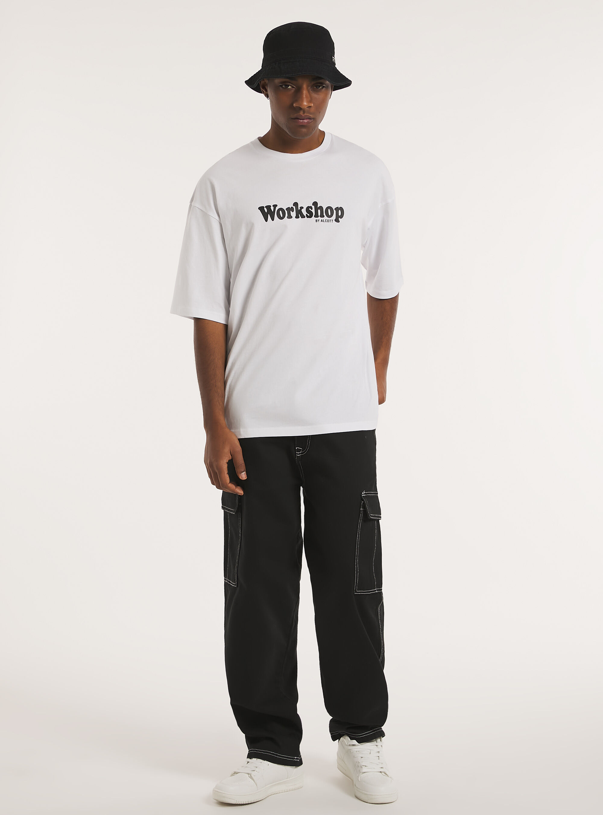 Black cargo trousers with white discount stitching