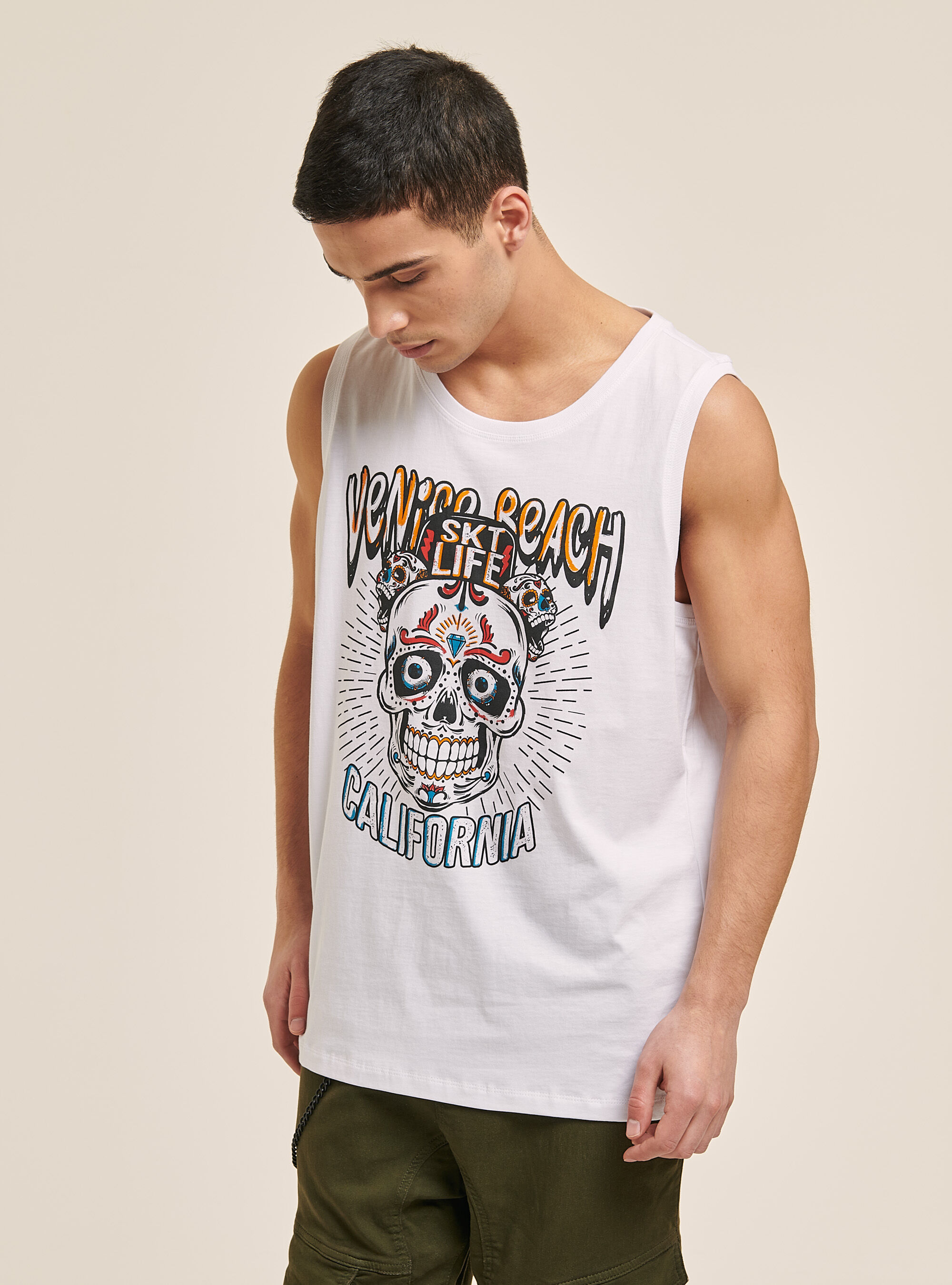 Cotton skull print tank top, WHITE