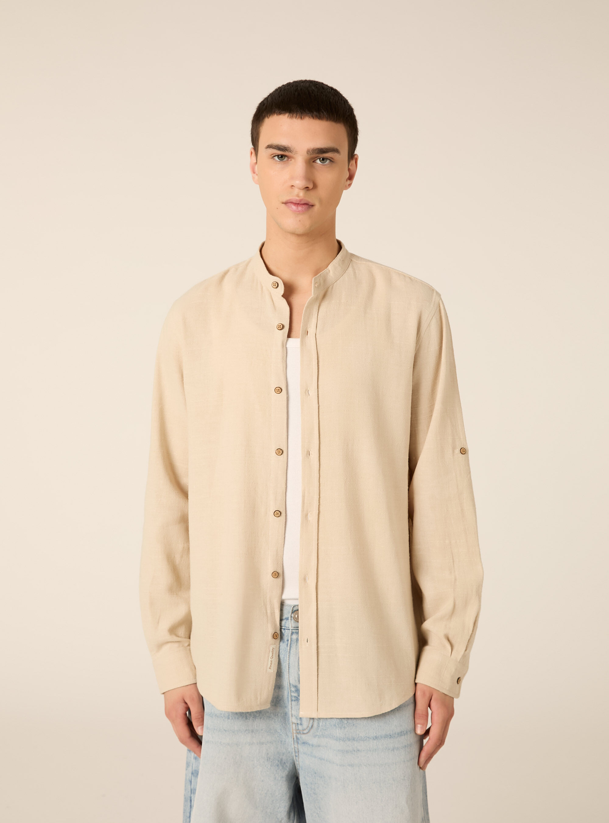 Camicia con collo alla coreana in misto lino