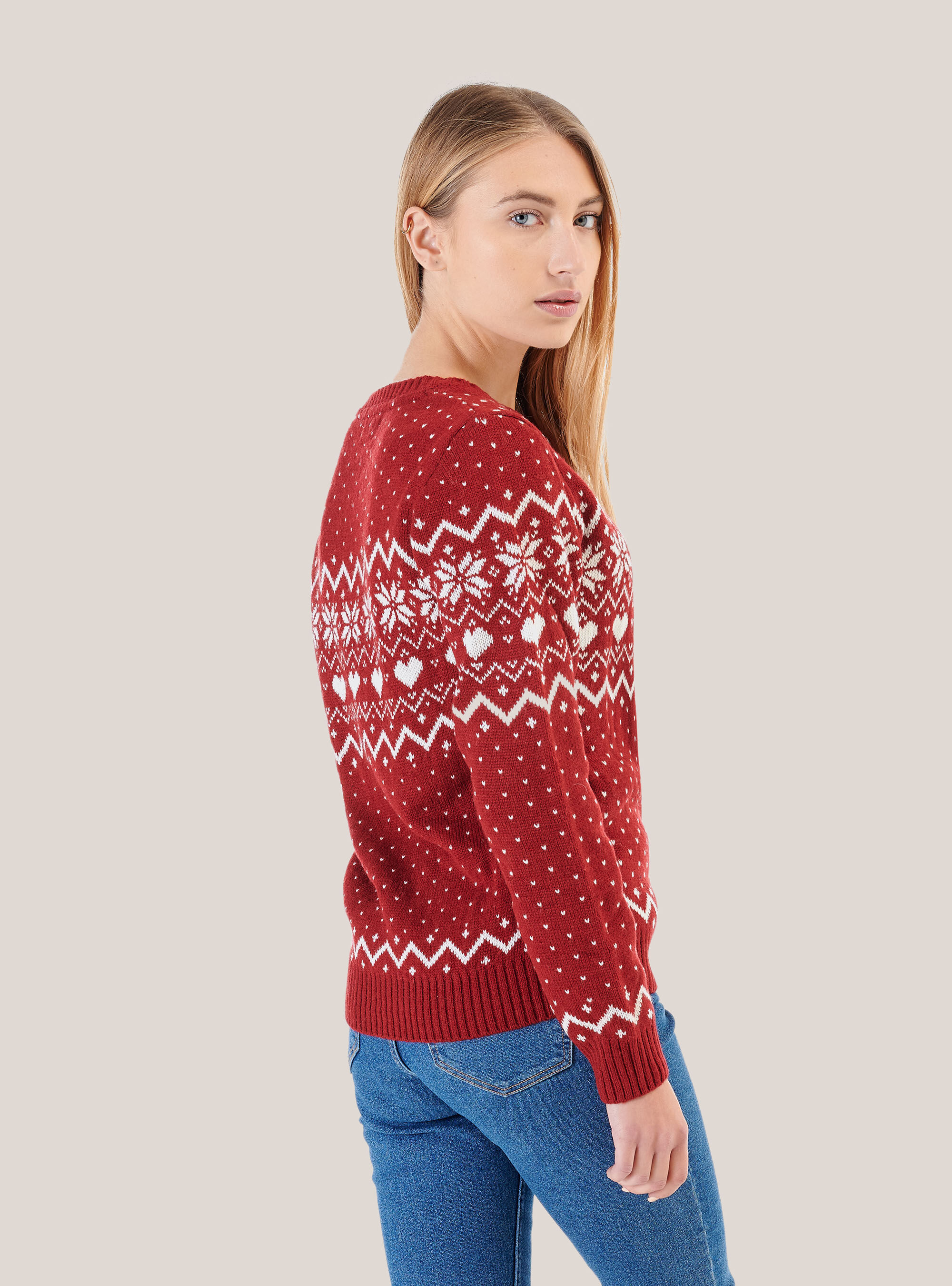 Pull ras du cou avec motif de no&euml;l, C344 RED