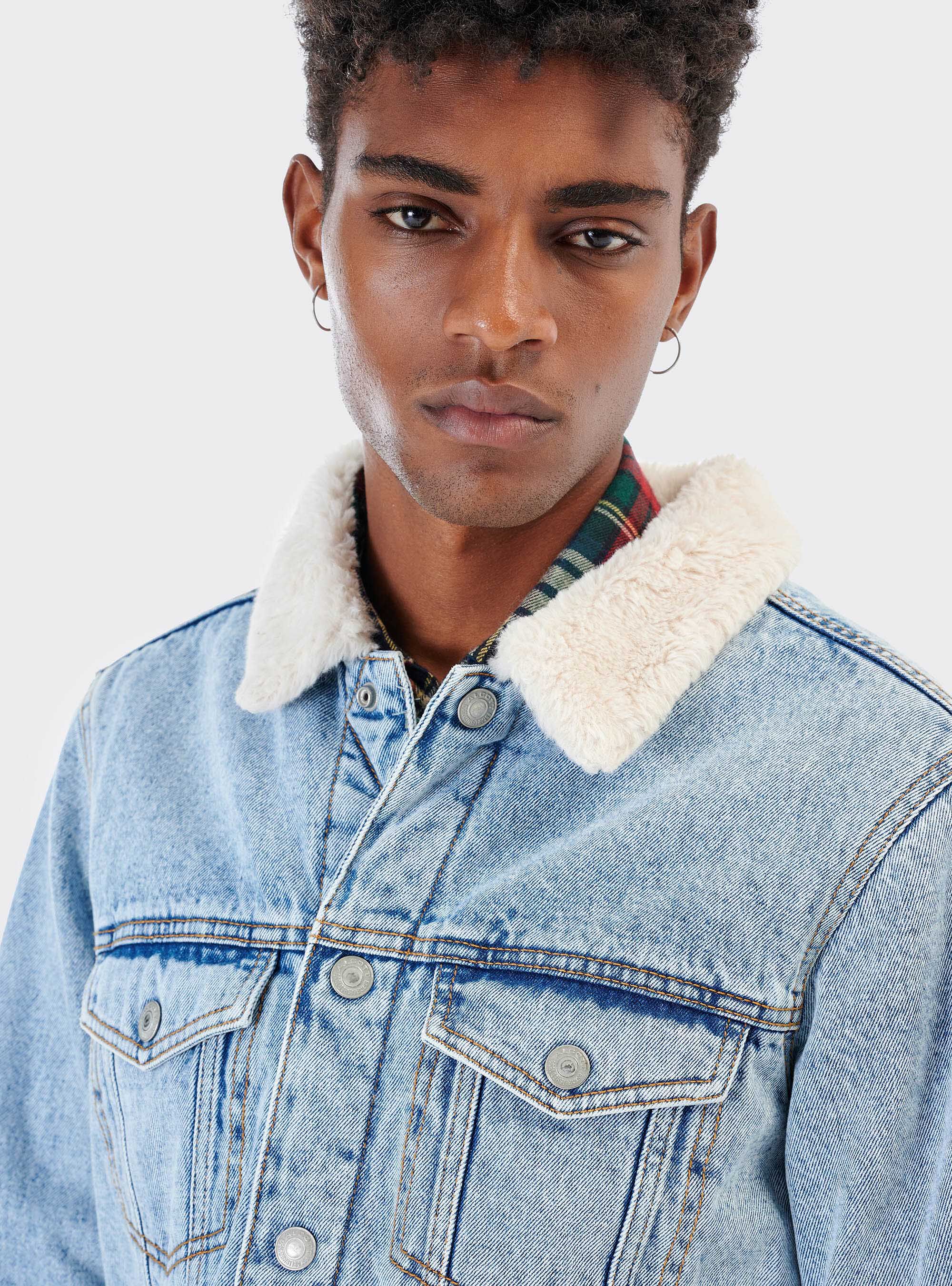 Denim jacket with lambskin inserts