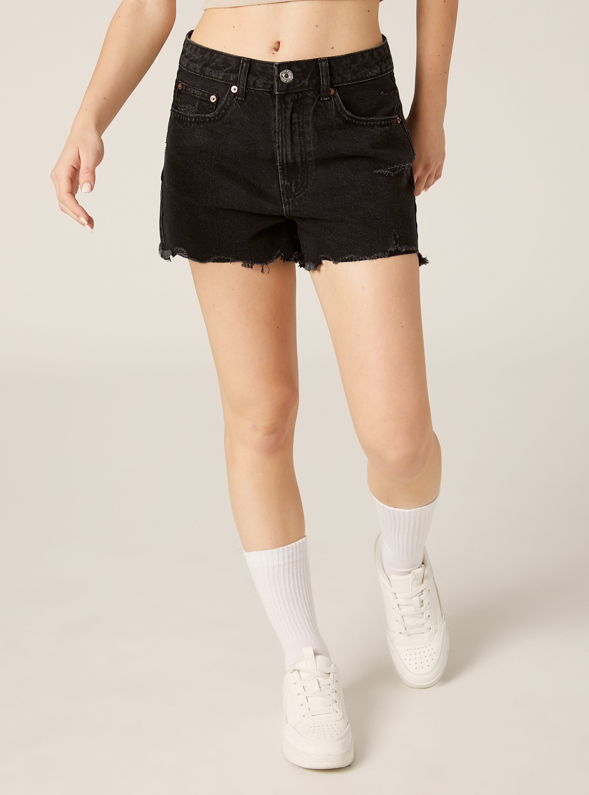 High-waisted denim shorts, D000 BLACK