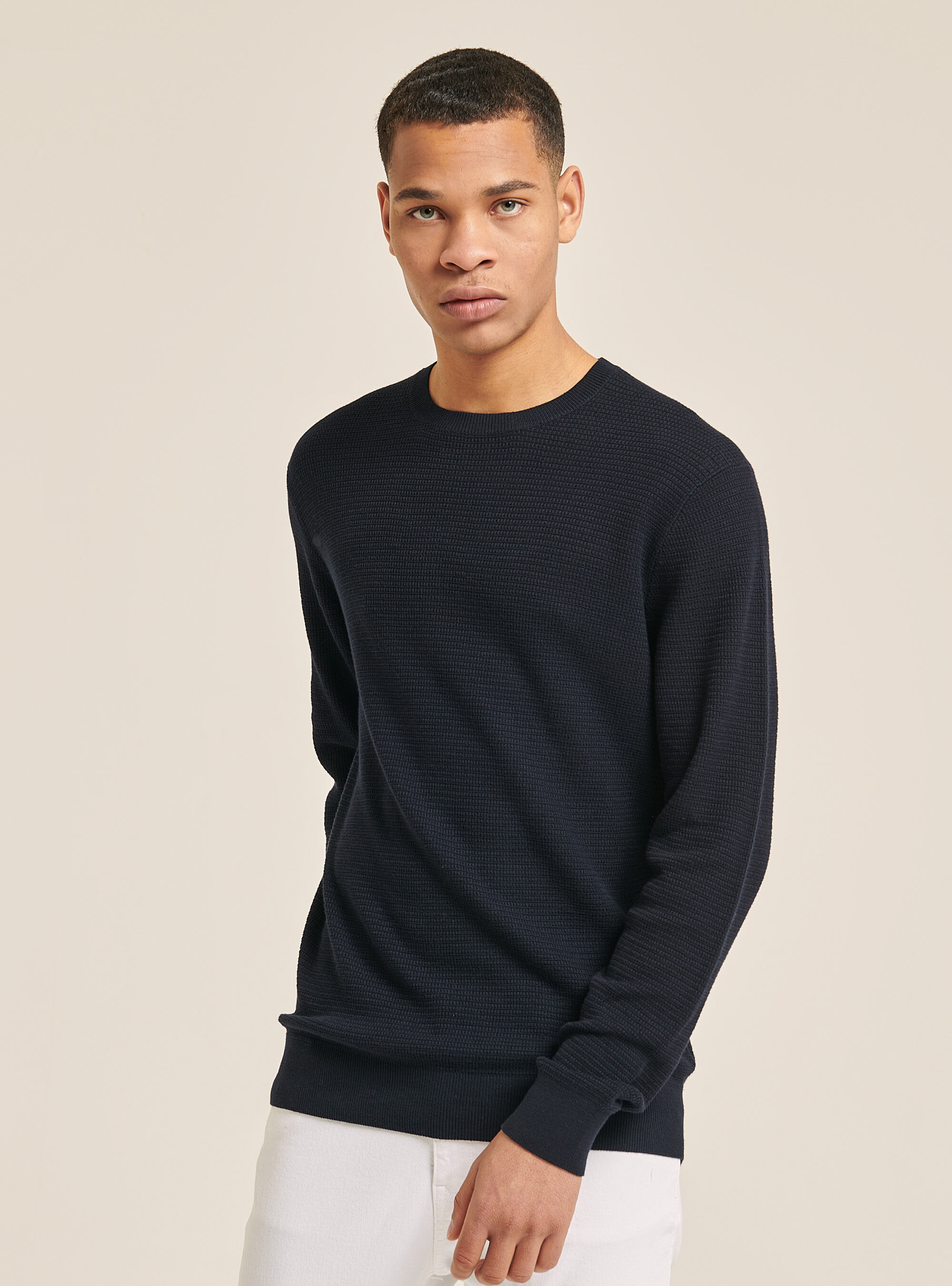 Textured cotton crew neck pullover, NA1 NAVY DARK