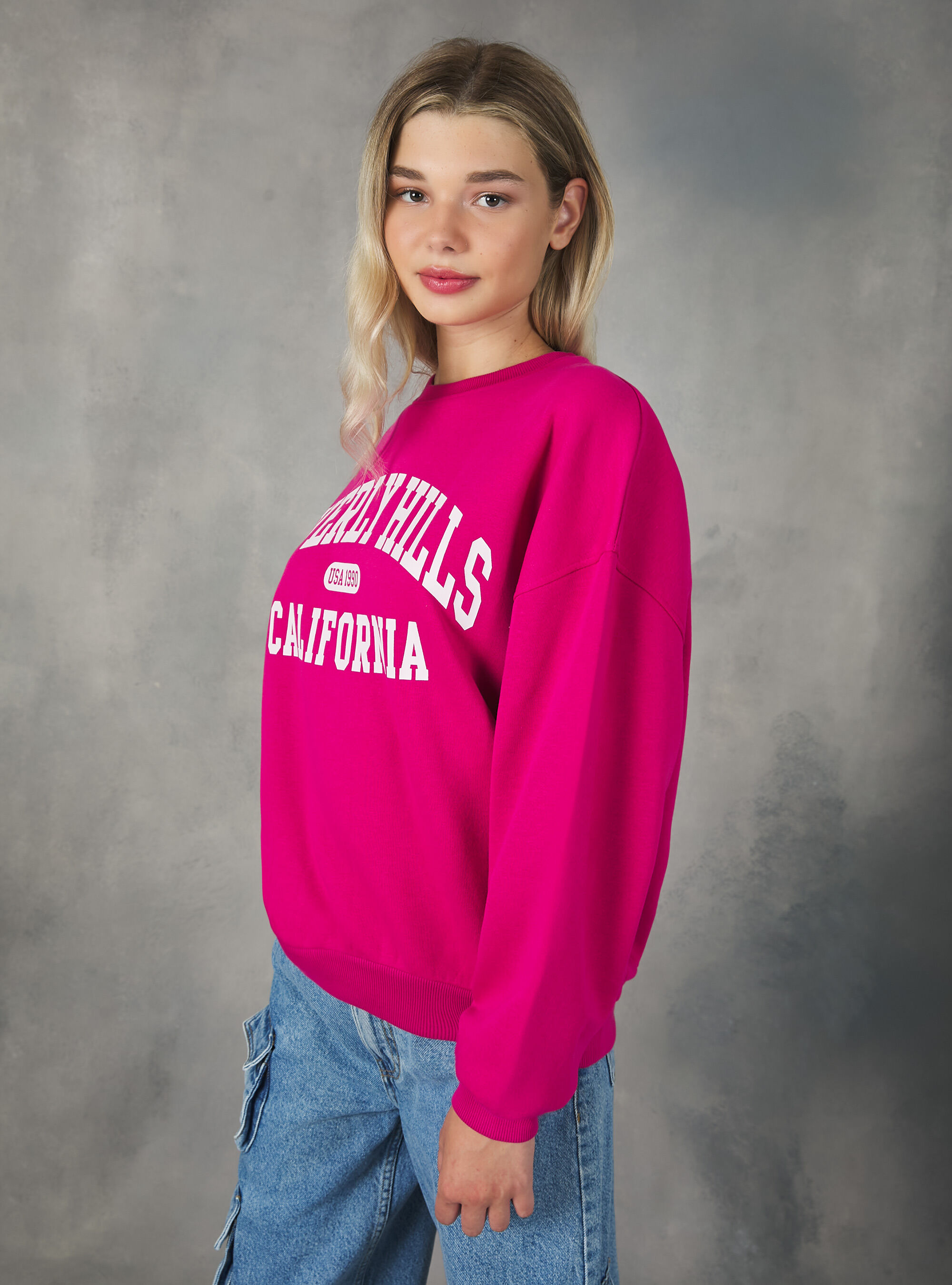 Crewneck college comfort fit sweatshirt, FX3 FUXIA LIGHT