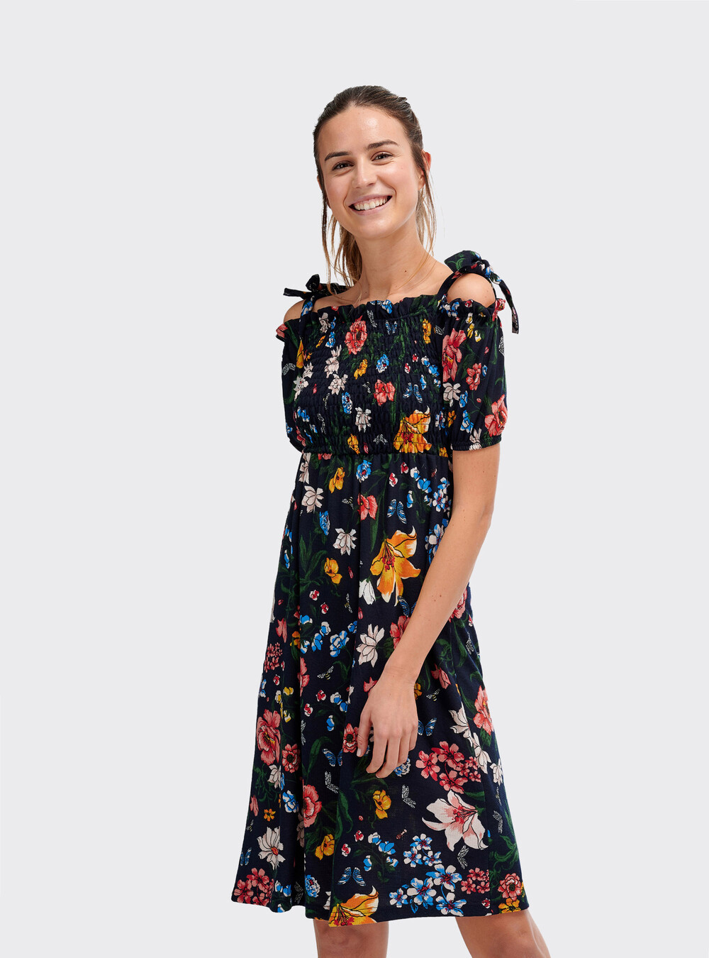 Vestito midi a fiori con spalle scoperte