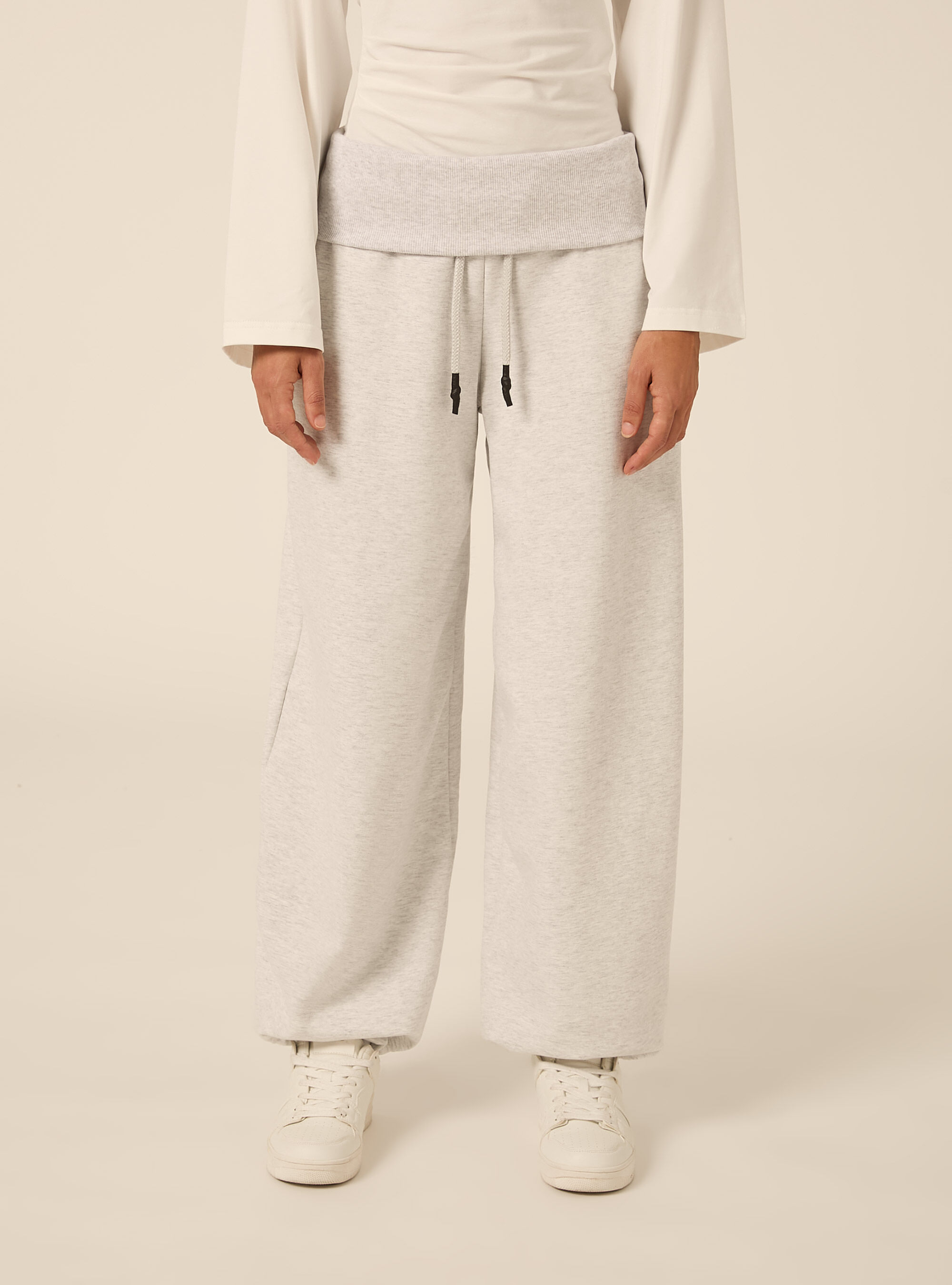 Pantaloni Jogger barrel fit con fascia risvoltata, GRIGIO CHIARO MELANGE