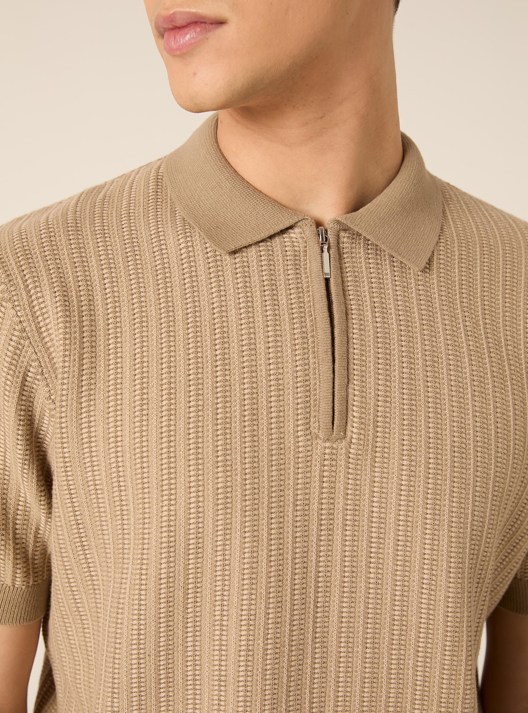 Polo in maglia con zip in misto cotone, BG2 BEIGE MEDIUM