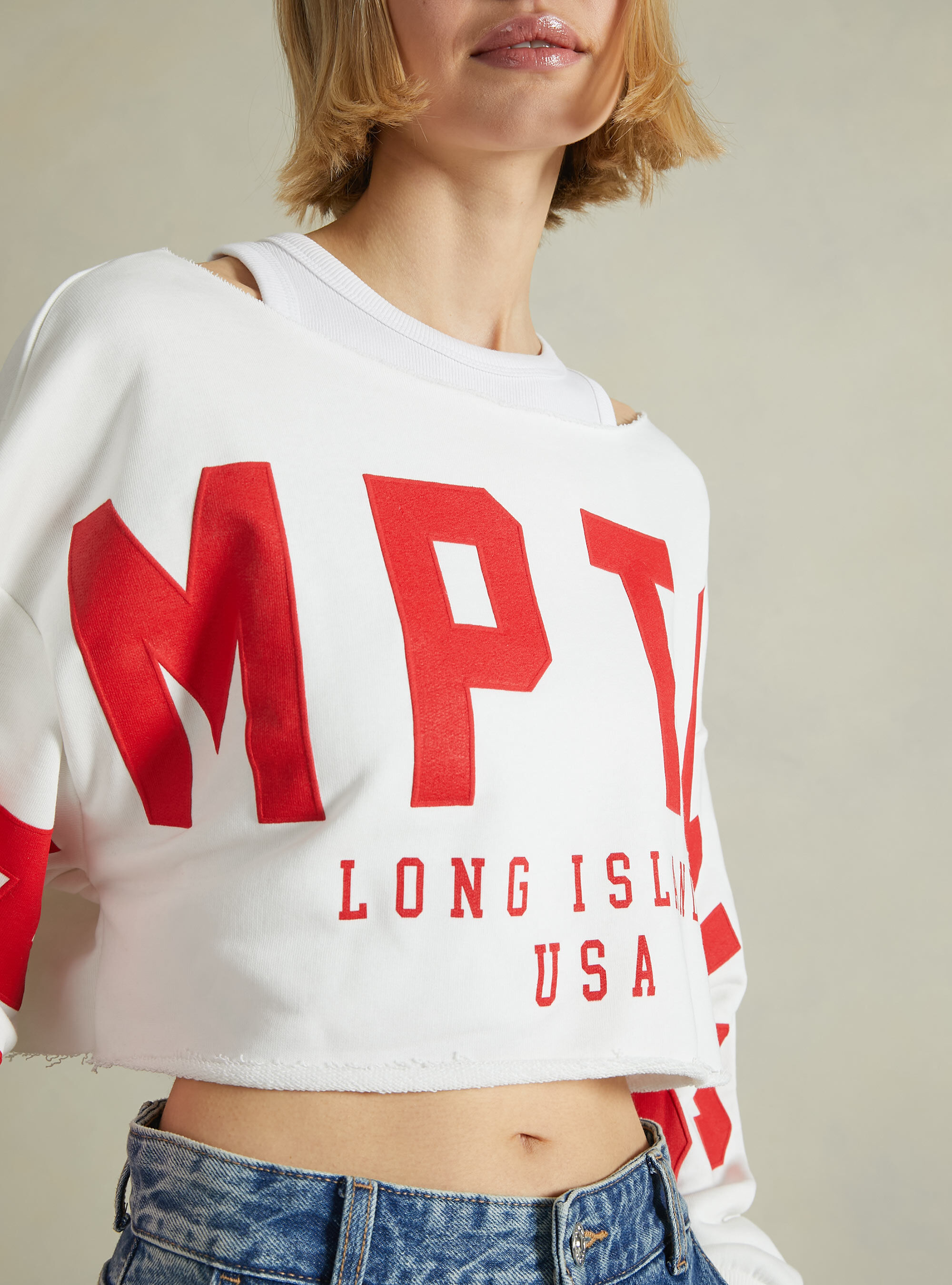 Sweatshirt court aux &eacute;paules d&eacute;nud&eacute;es, WH2 WHITE