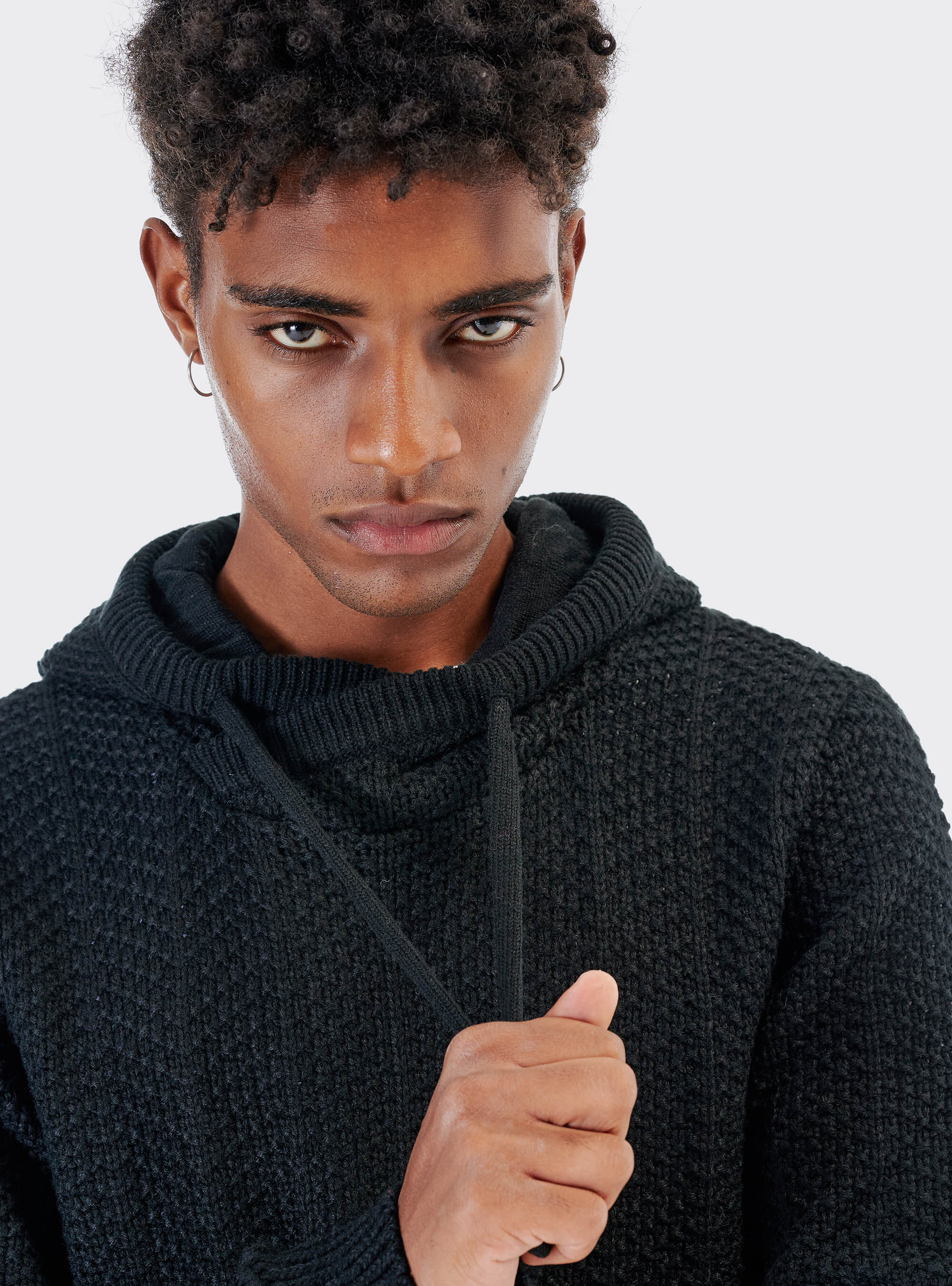 Wool blend hooded pullover, BLACK