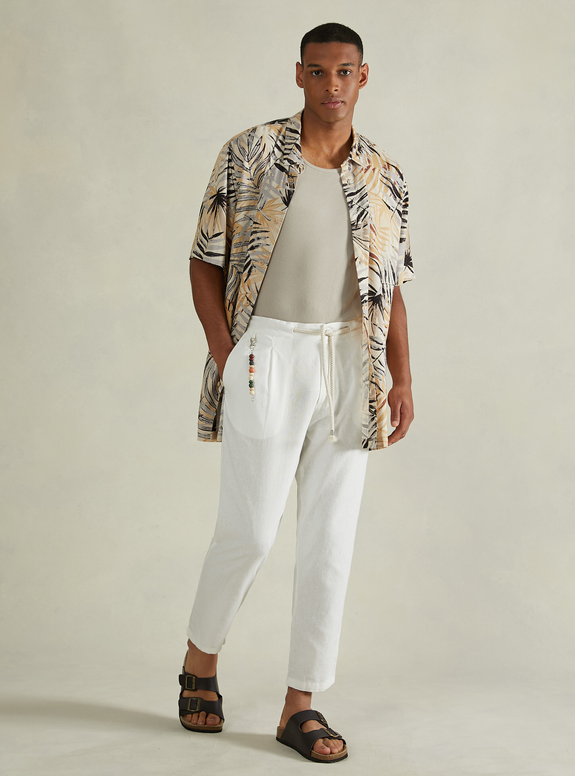Linen blend trousers with drawstring waist