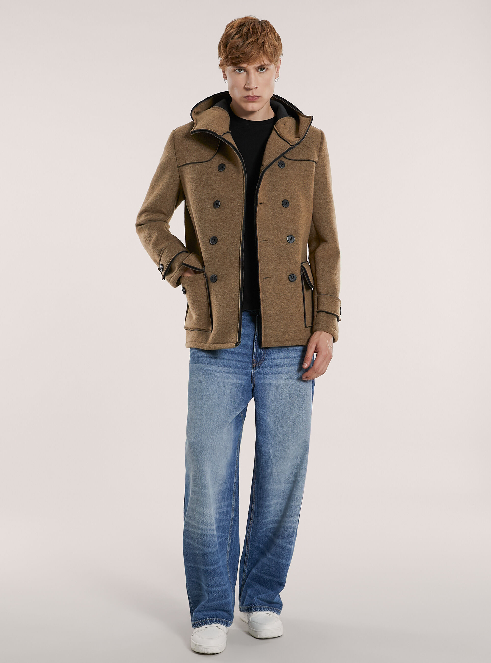 Double-breasted caban coat with hood, TB2 TOBACCO MEDIUM