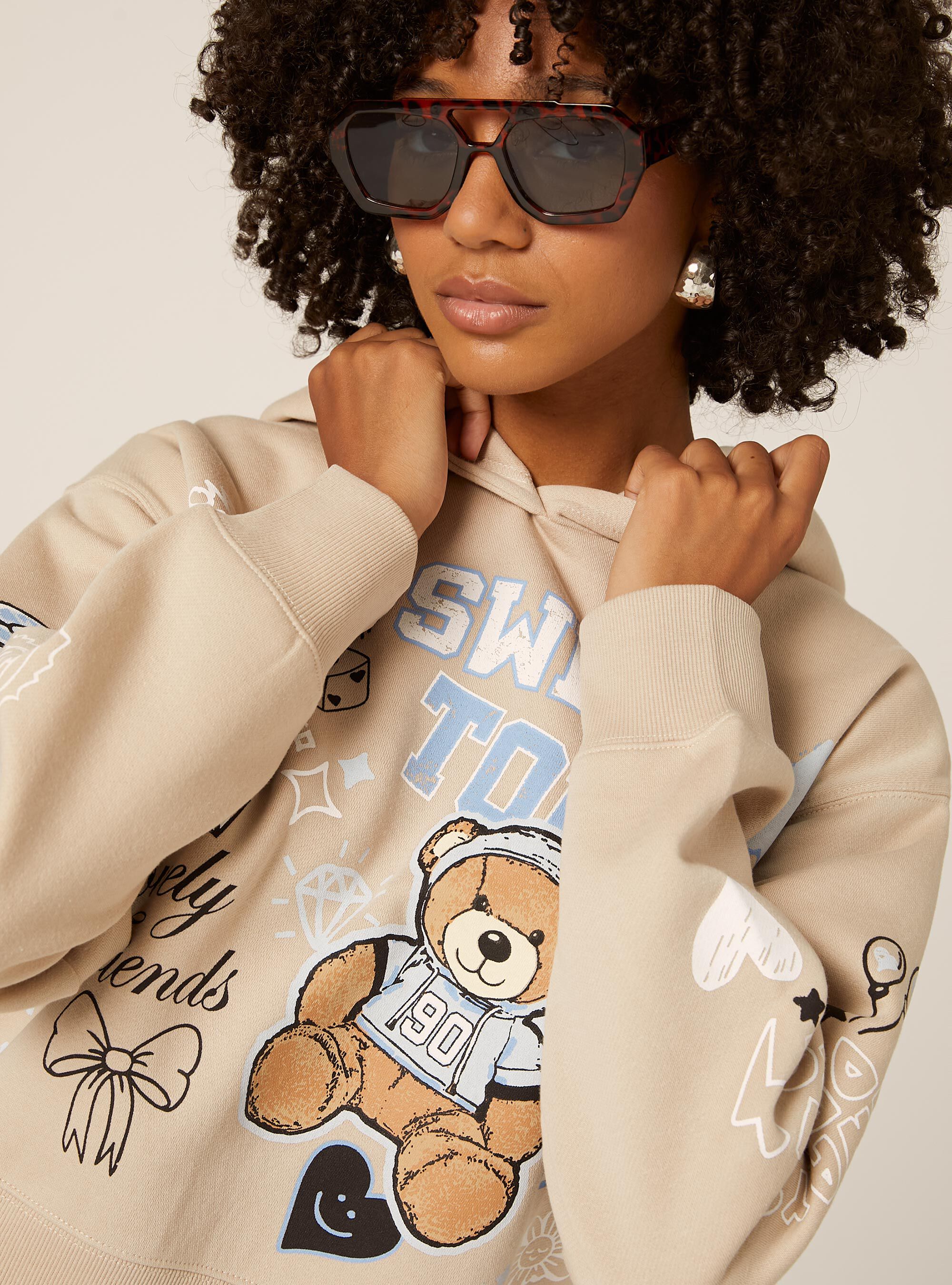 Felpa stampata boxy fit con cappuccio, BG3 BEIGE LIGHT