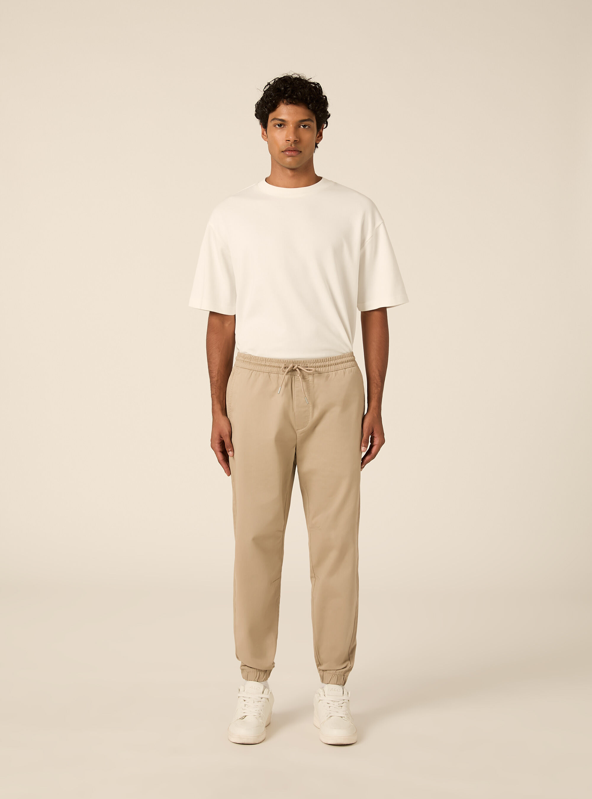 Pantaloni twill stretch elastico e stringa in vita, BG2 BEIGE MEDIUM