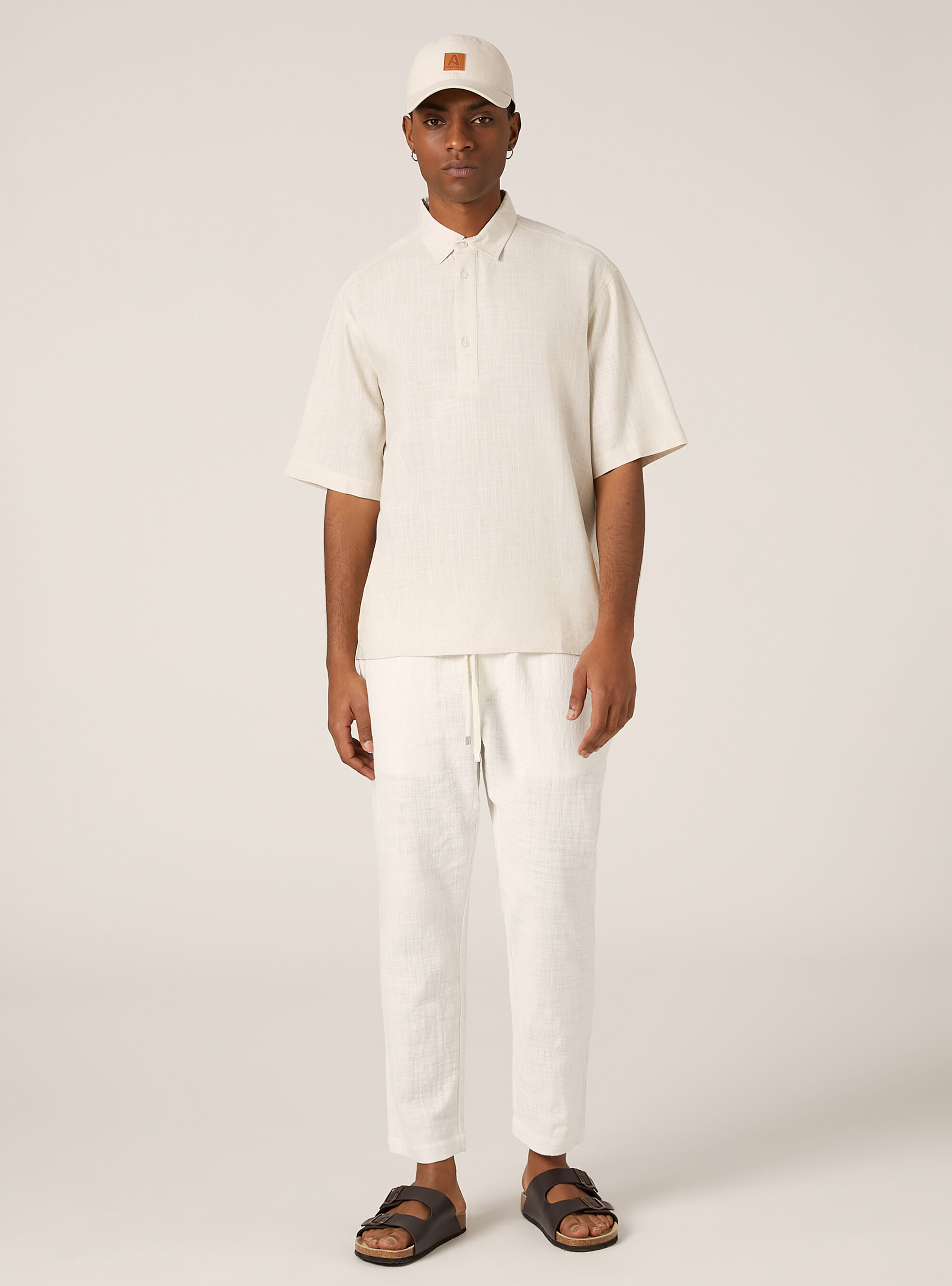 Linen blend short-sleeved shirt, MBG3 BEIGE MEL LIGHT