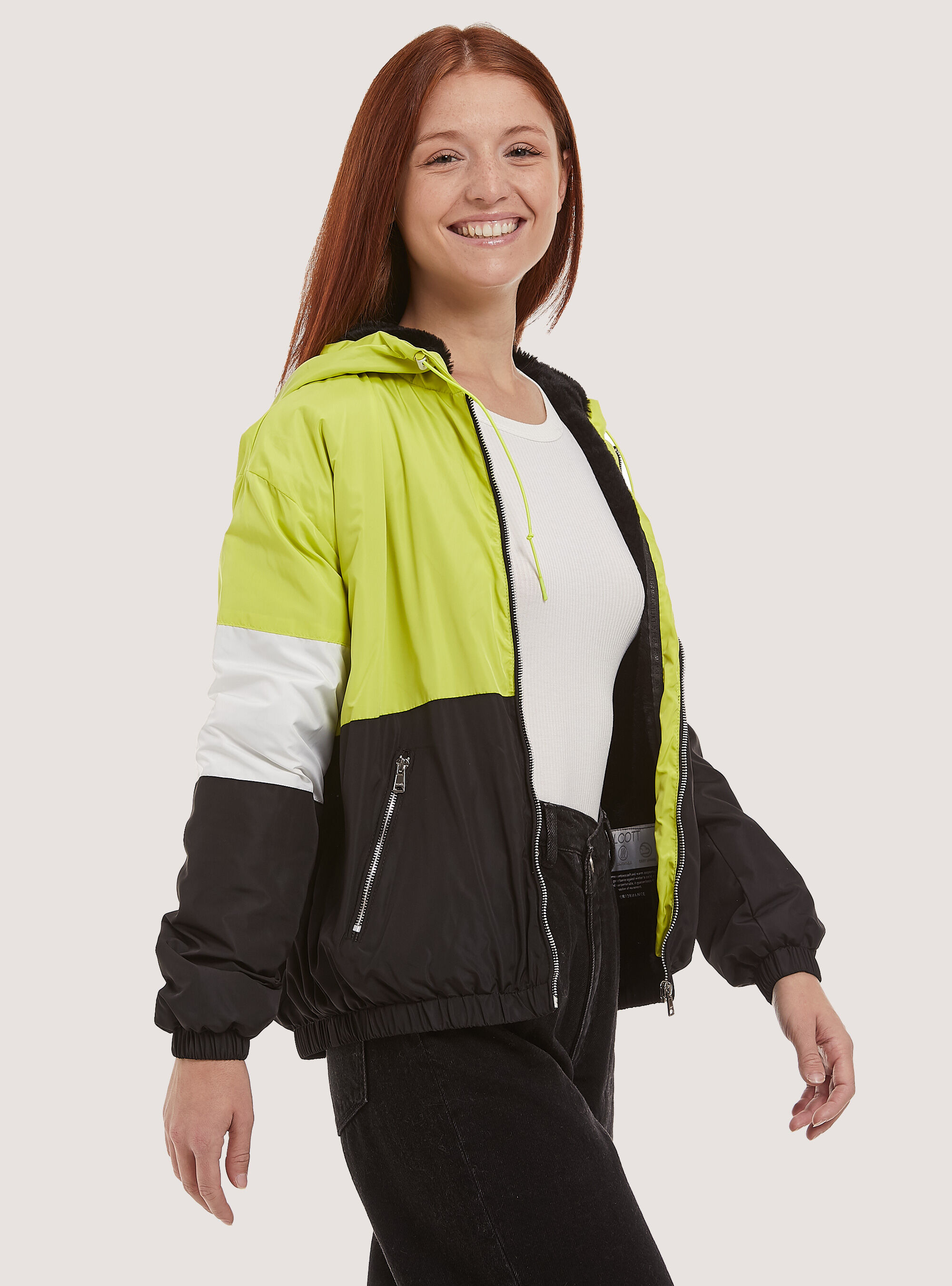 Colour block bomber jacket with faux fur lining