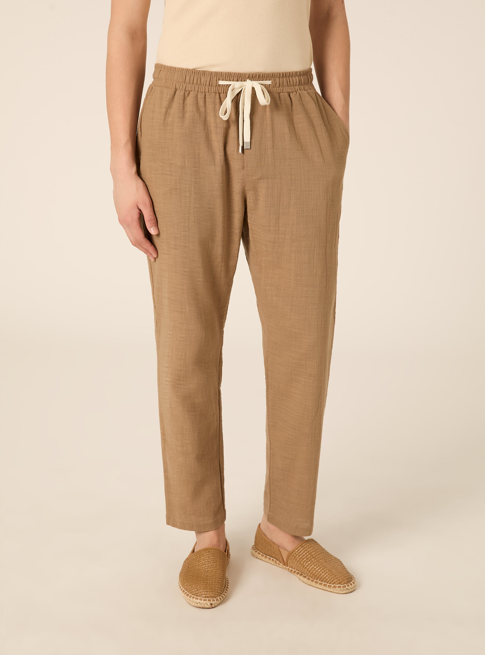 Pantaloni in cotone con laccio in vita, BR2 BROWN MEDIUM