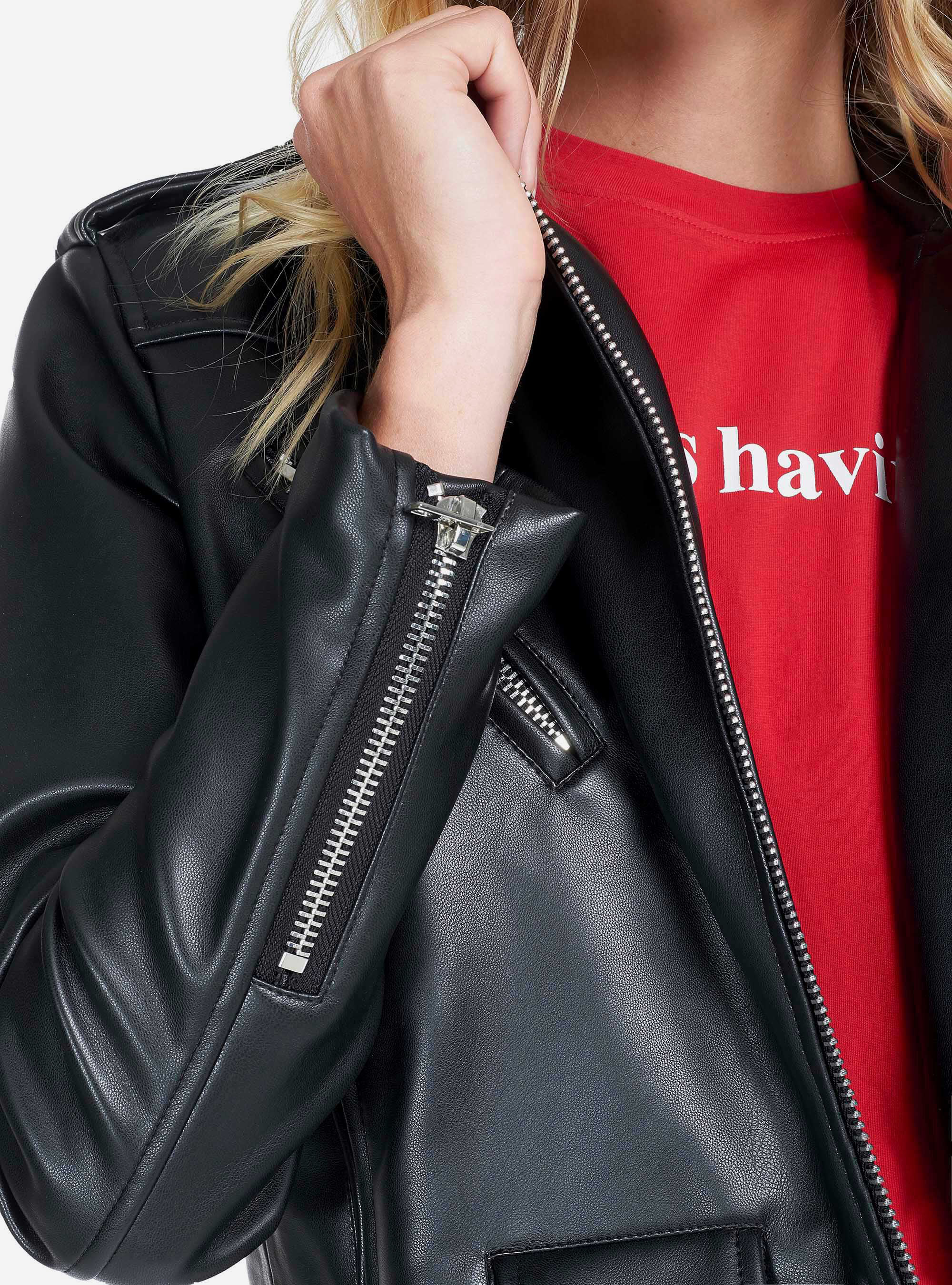 CAZADORA DE MOTOCICLISTA DE CUERO ECOL&Oacute;GICO, NEGRO