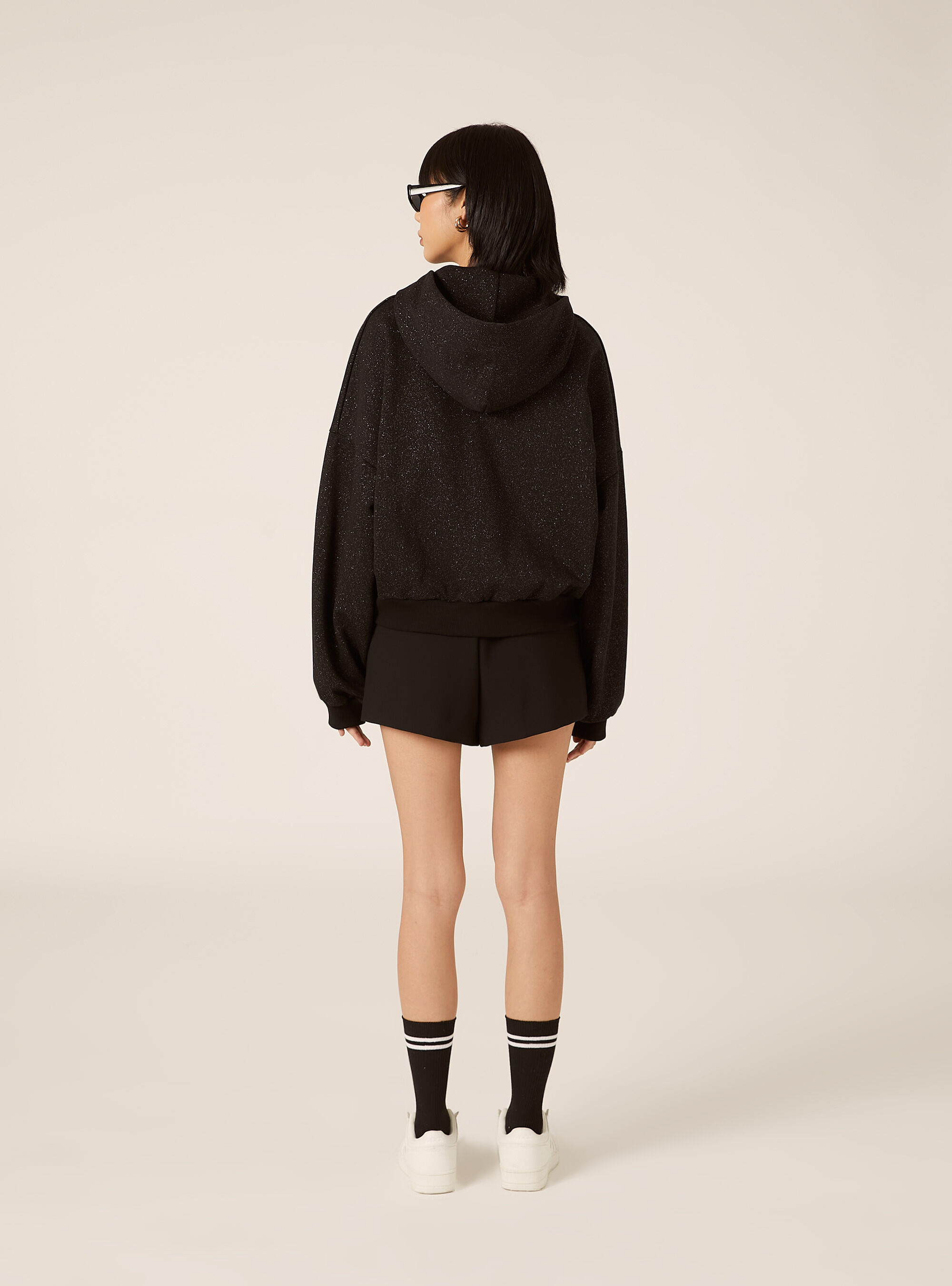 Cardigan cappuccio oversize con glitter, BK1 BLACK