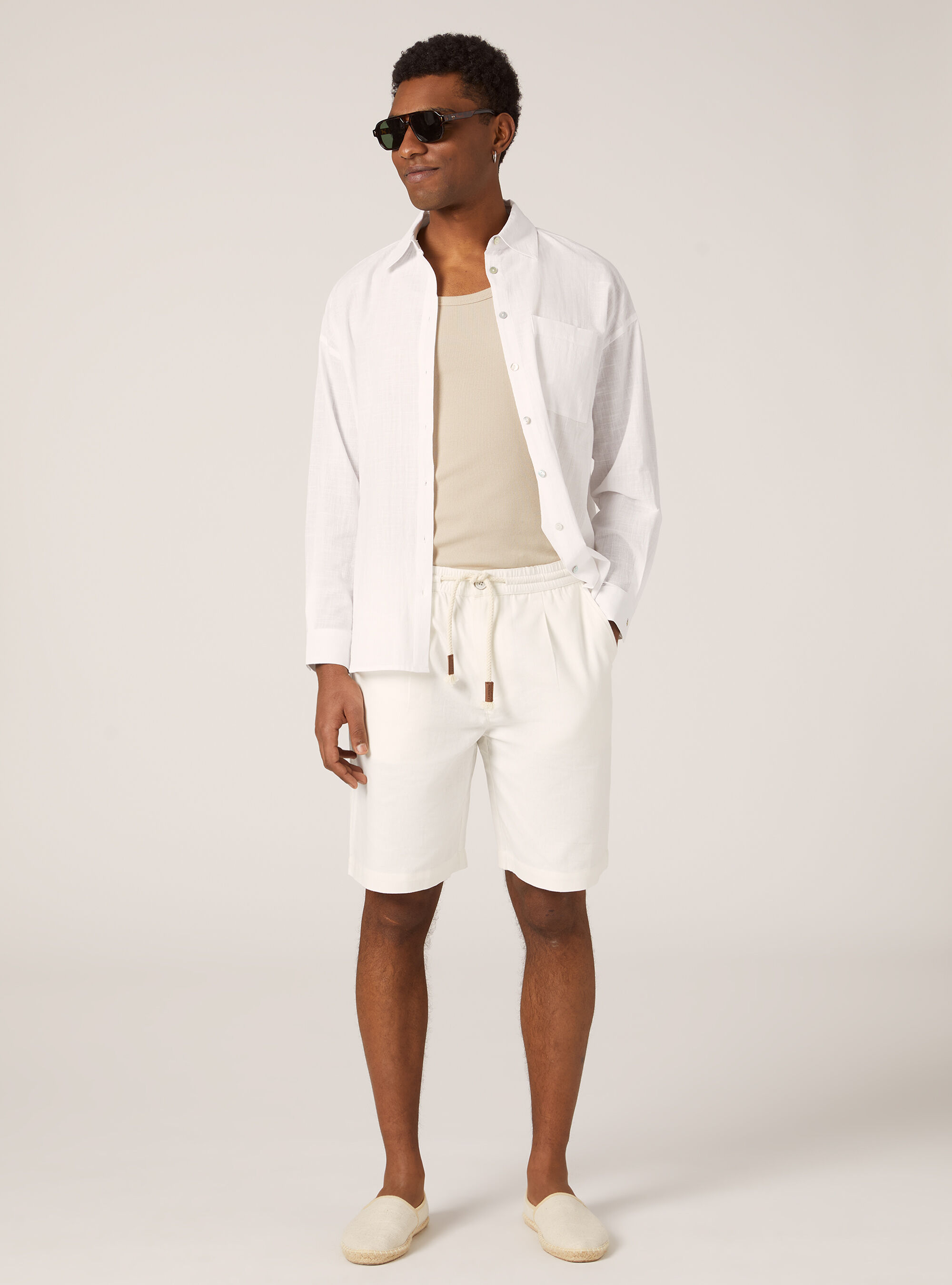 Linen Bermuda Shorts with Drawstring, WH1 OFF WHITE